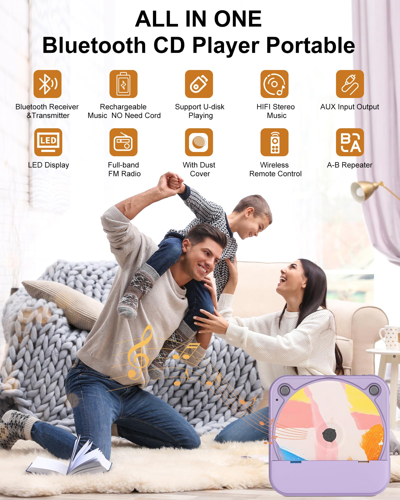 Envycloud Portable Cd Player Bluetooth Rechargeable, Wireless Mini Desktop For Home With Hifi Speaker, Cute Cd Player Remote Con