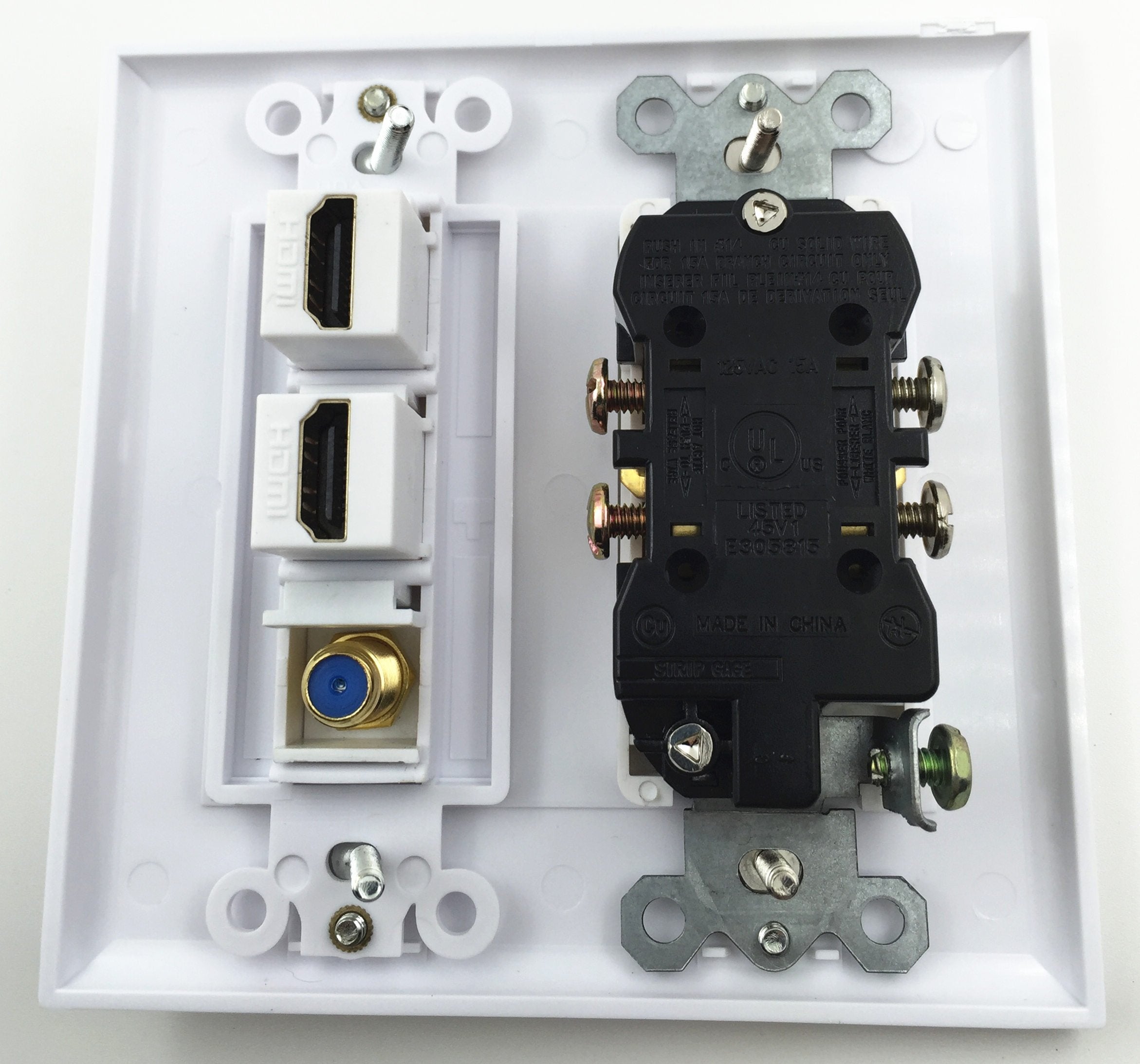 IBL Power Outlet Wall Plate 2 Port HDMI 1 Coax Gold-Plated F Type Plastic White Standard Size
