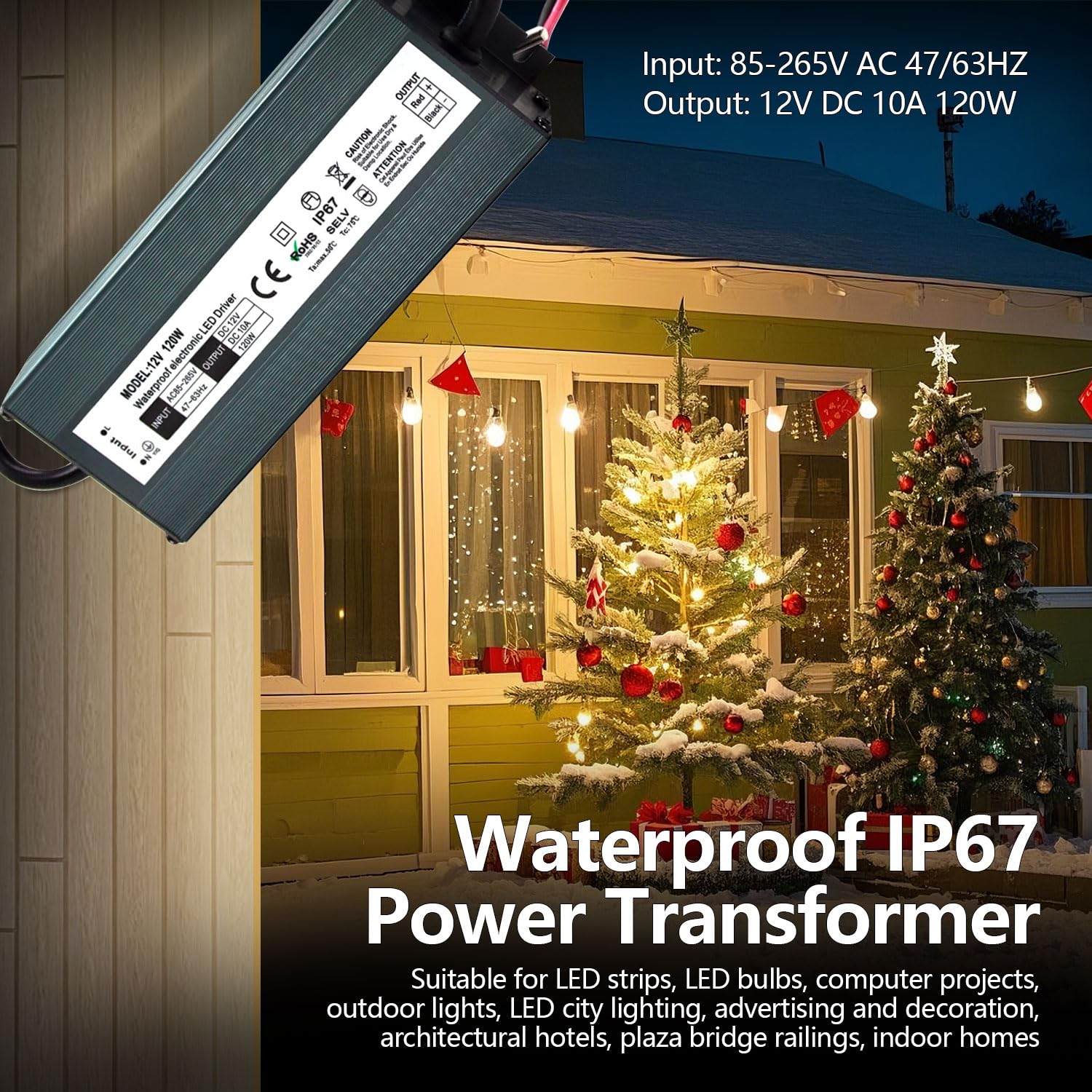 2 Pack Waterproof Led Driver, 120W 12V Dc Output, Ip67 Rated, Transformer With 3 Prong Plug & 1.6 Ft Cable For Led Lights