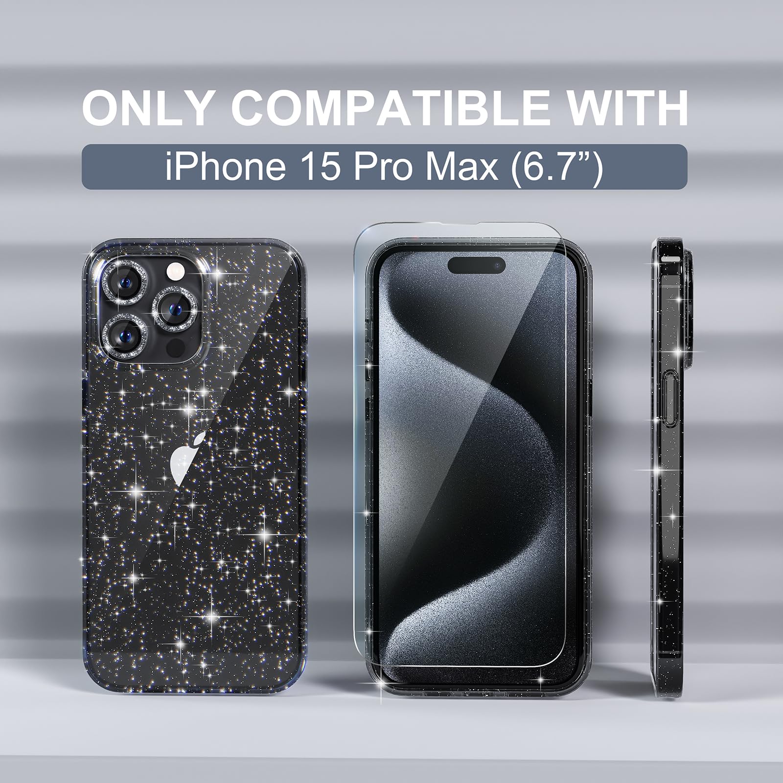 Choiche Compatible For Iphone 15 Pro Max Case, Women Cute Clear Glitter Bling Sparkly Case, [3 X Diamond Camera Lens Protectors]