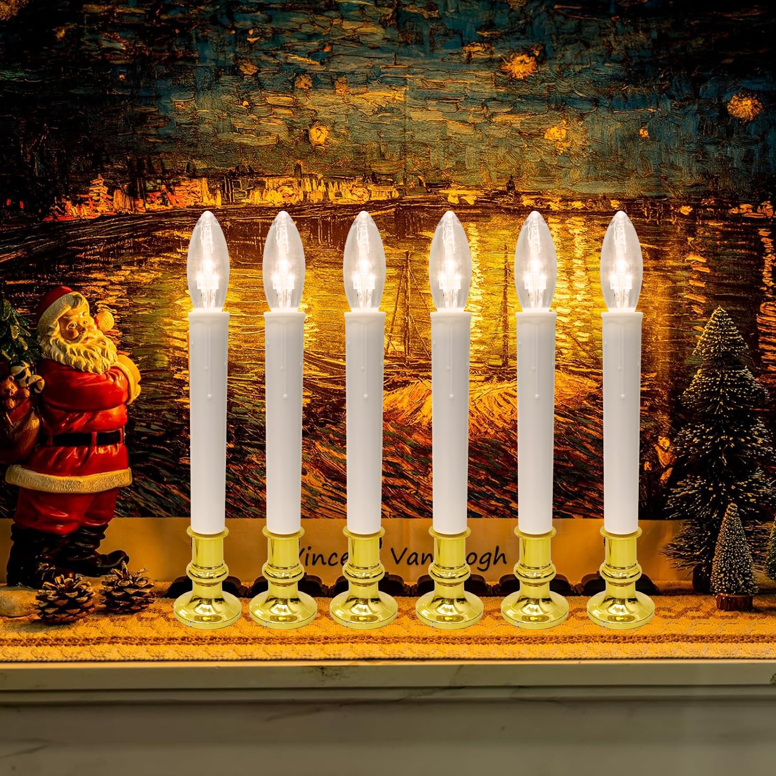 Bokoiuu Wireless Window Candle Light, 4 Pack Battery Operated Led Christmas Candles Lights With Gold Candlestick Base, C26 Led B