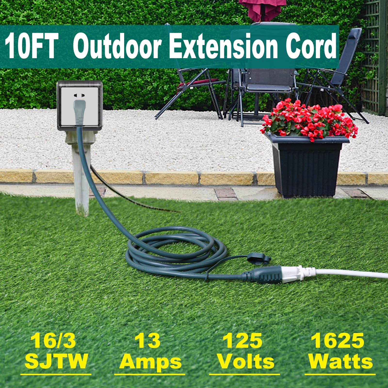 10Ft Green Outdoor Extension Cable For Outdoor Use   90 Degree Flat Plug 3Prong Extension Cord, Sjtw External 16Awg Waterproof G