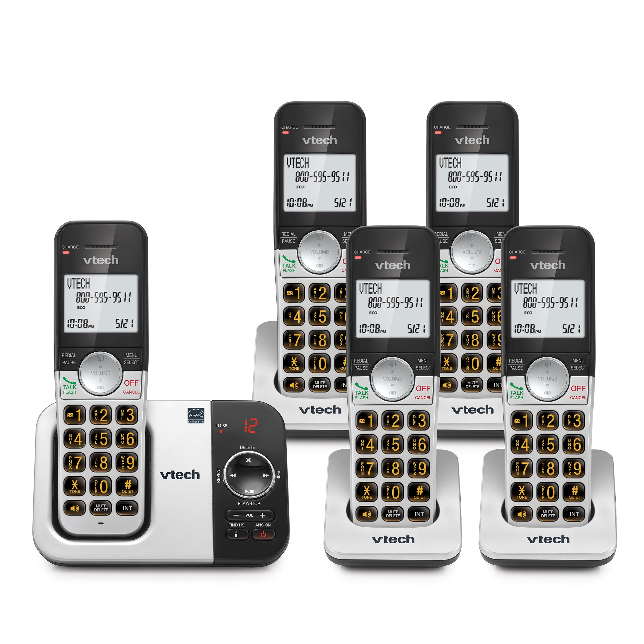 Vtech Cordless Phone With Answering Machine 5 Handset   Full Duplex Speakerphone Caller Id Last 10 Number Redial, Easy To Use, V