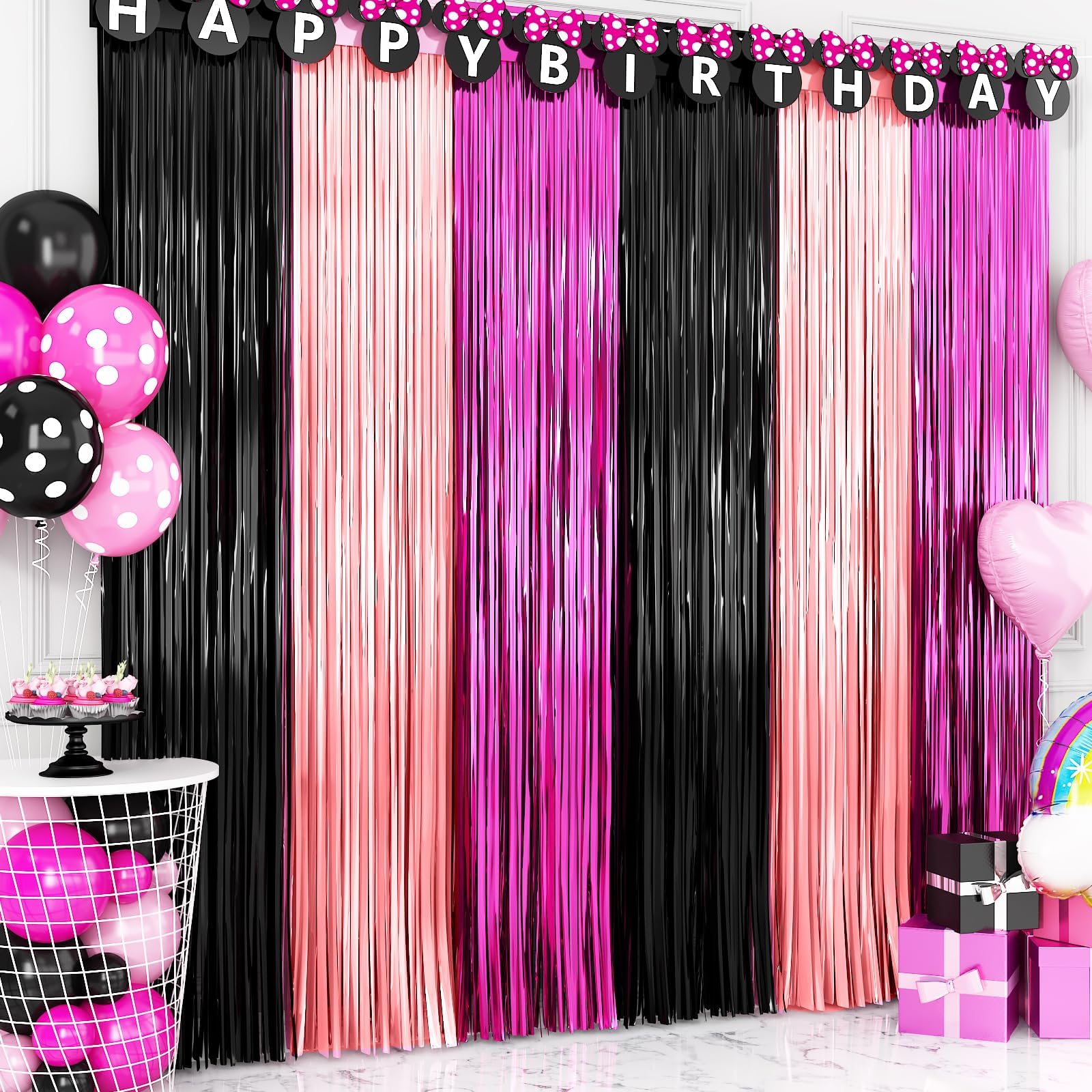 Minnie Birthday Party Supplies, 2 Pack 3.3X6.6 Ft Hot Pink Black Foil Fringe Curtain, Black And Pink Photo Booth Prop Streamer B