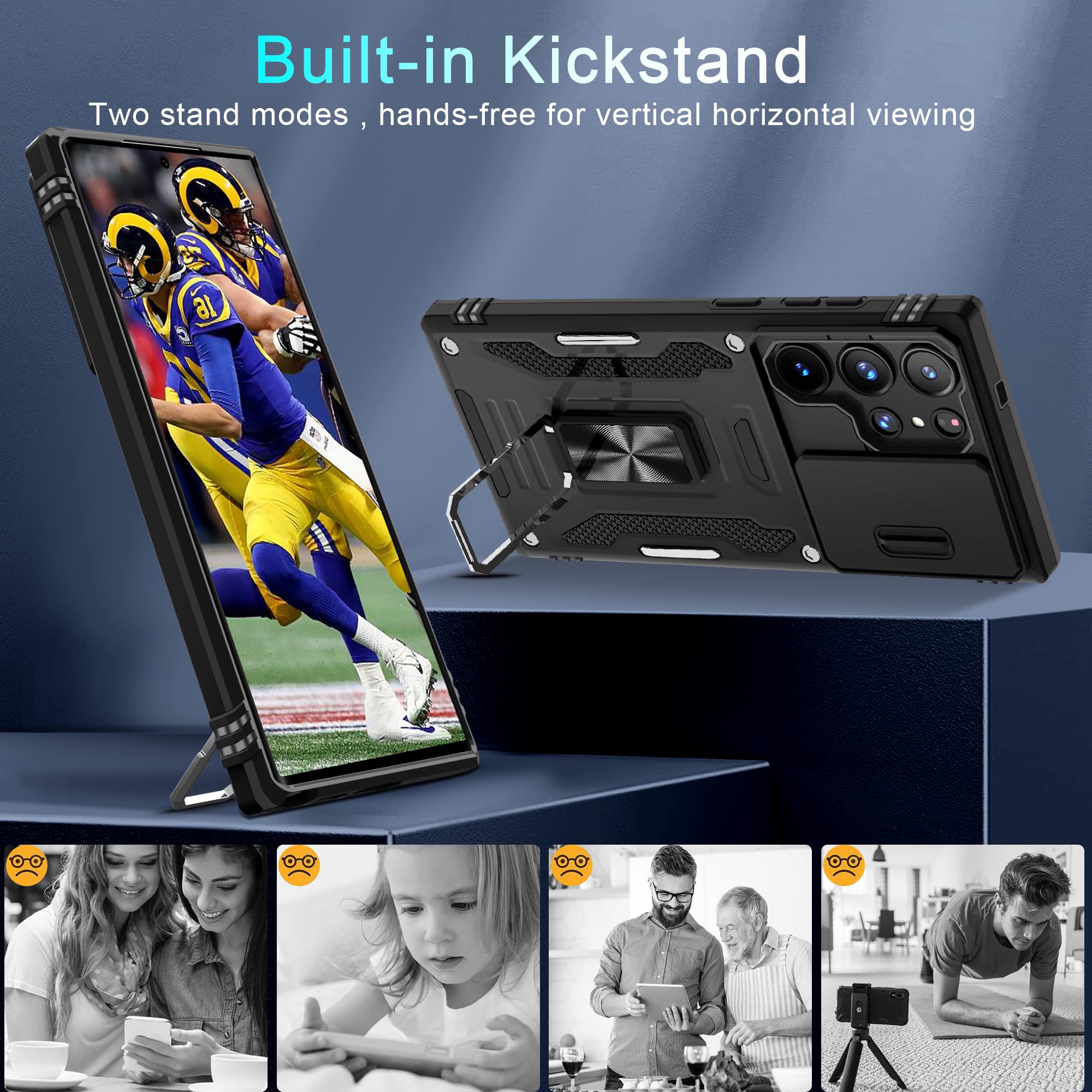 Deerlamn Case For Samsung Galaxy S24 Ultra With Slide Camera Cover+Screen Protector (1 Pack), Rotated Ring Kickstand Military Gr