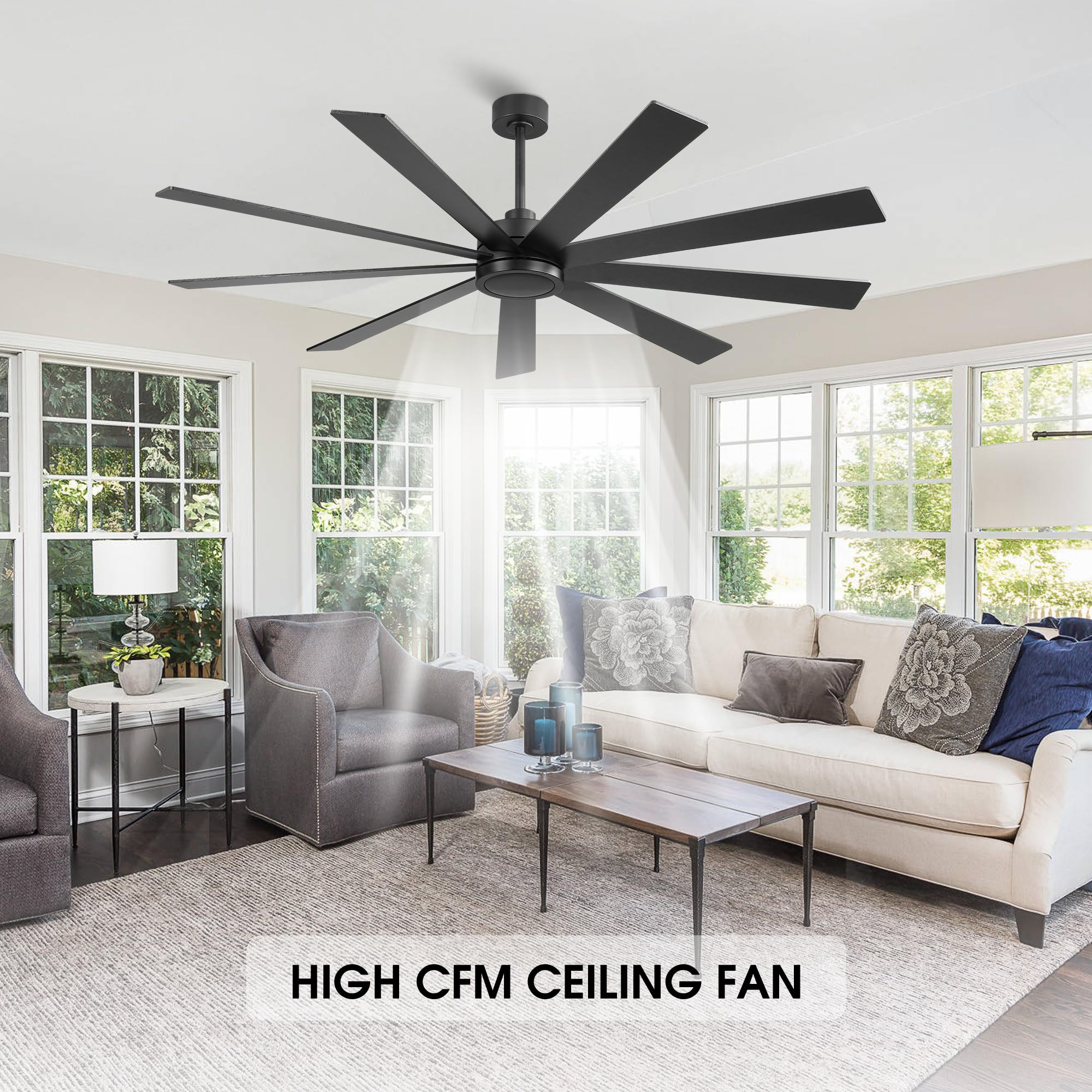 Elehinser 72'' Ceiling Fan No Light, 6 Speed Noiseless Reversible Dc Motor, 9 Blades Black Industrial Ceiling Fan With Remote An