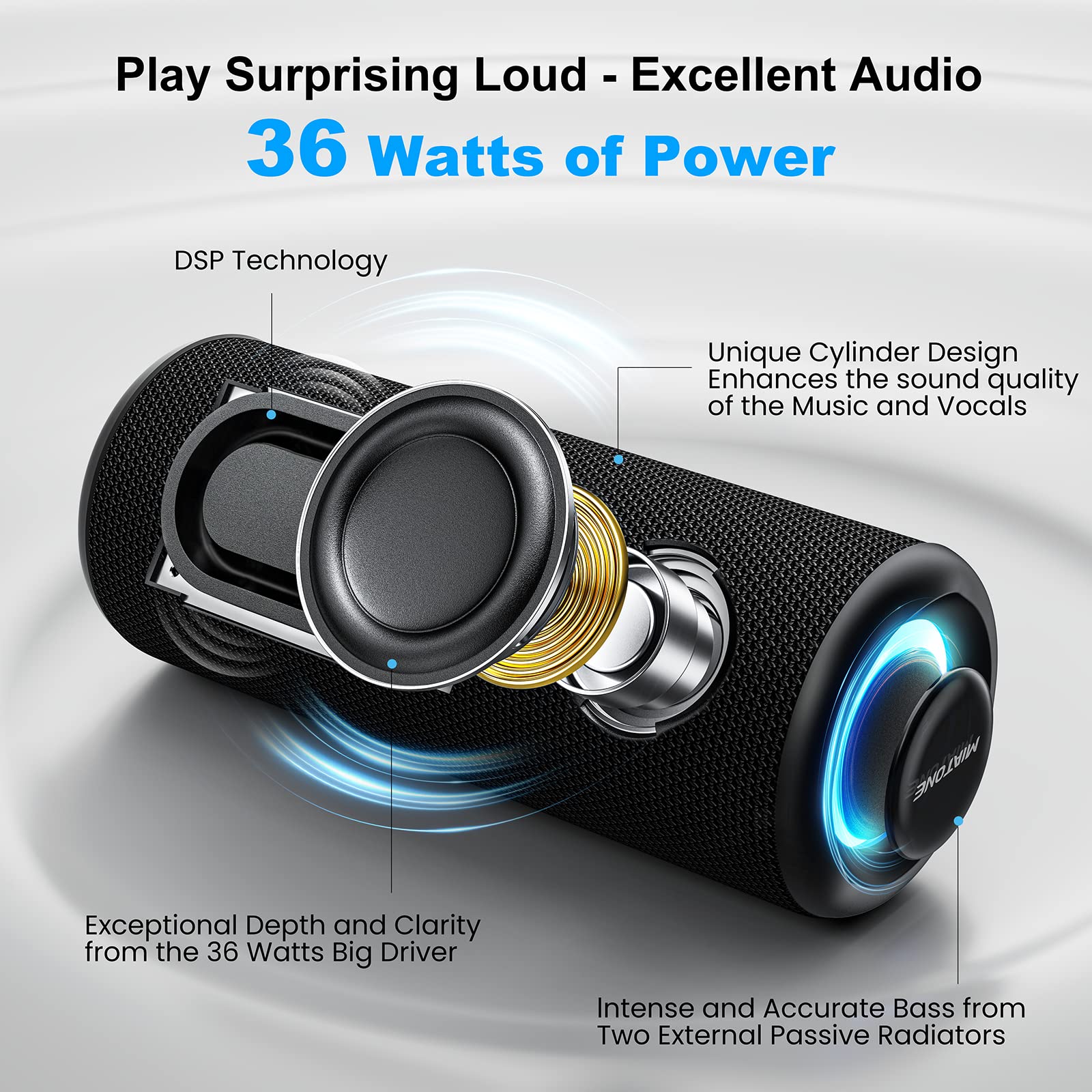 Miatone Bluetooth Speakers 36W Portable Speaker With Stereo Sound Bass, Bluetooth 5.3 Wireless Speaker Usb Type C Outdoor, 5000M