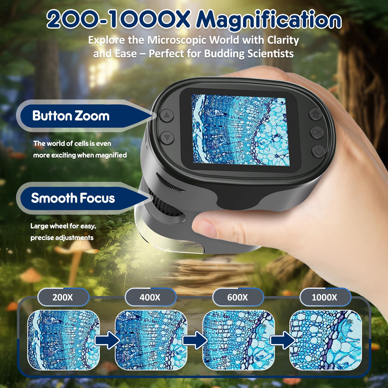 1000X Handheld Microscope For Kids 4K 2.0'' Screen Rechargeable Mini Pocket Digital Microscopes W/Slides Kit Portable Edu Gift A
