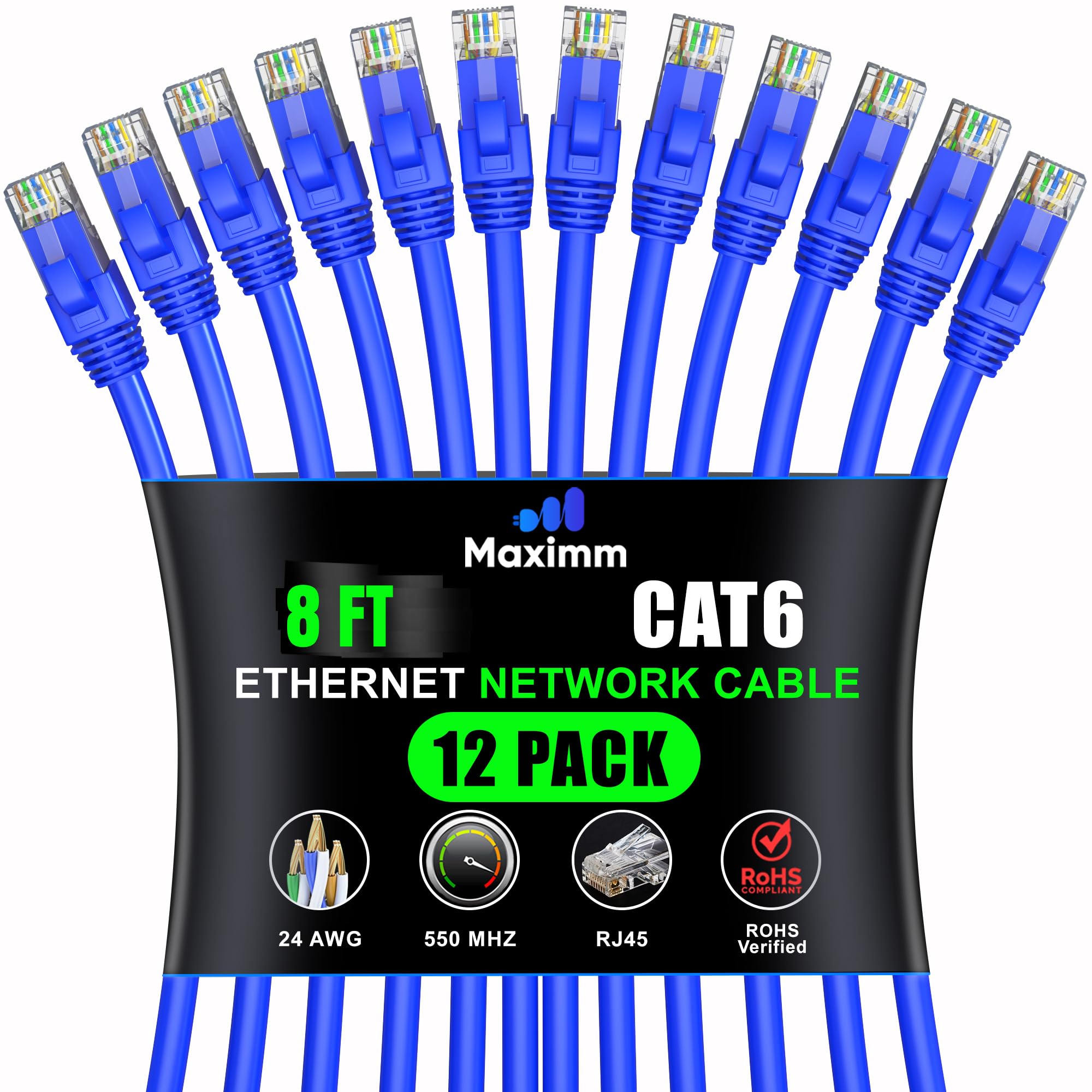 Maximm Cat 6 Ethernet Cable 8 Ft (12 Pack)   High Speed Lan Cable, Internet Cable, Patch Cable, And Network Cable   Utp, 10Gbps, 550Mhz Ethernet Cord   Blue