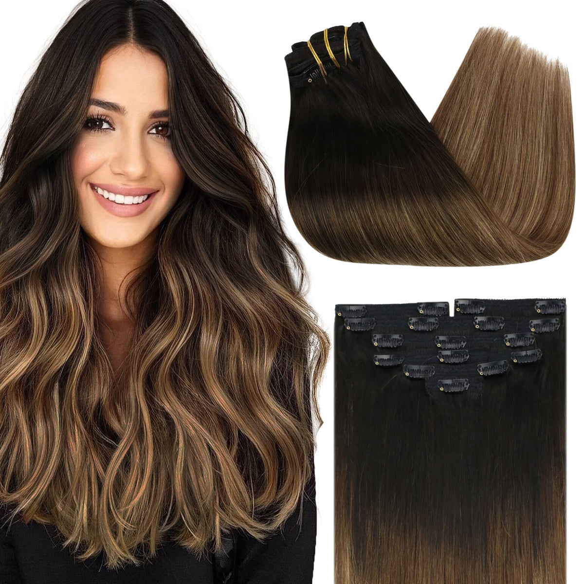 Sunny Ombre Clip In Hair Extensions Black To Brown Real Human Hair Clip In Extensions Ombre Natural Black To Dark Brown Mix Blon