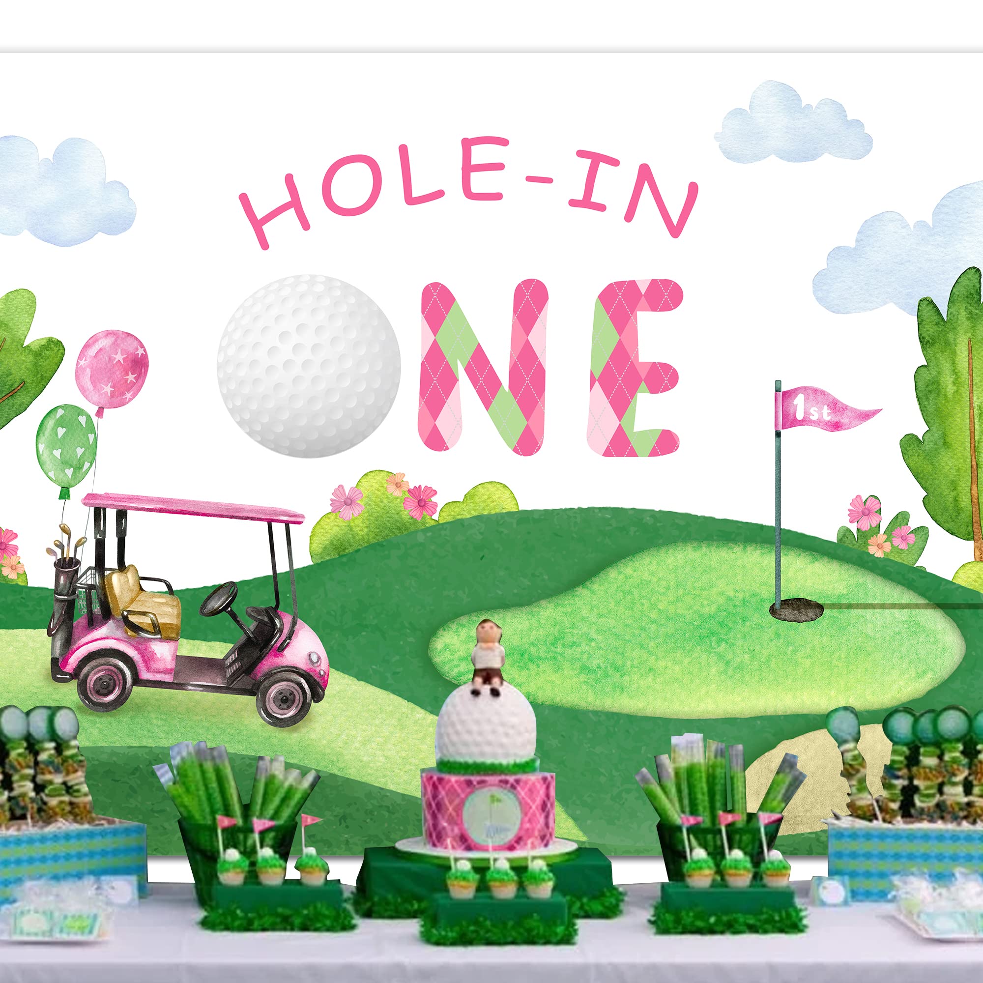Svbright Hole In One 1St Birthday Backdrop 7Wx5H Kids First Bday Golf Sports Theme Blue Sky White Clouds Grass For Girls Party C