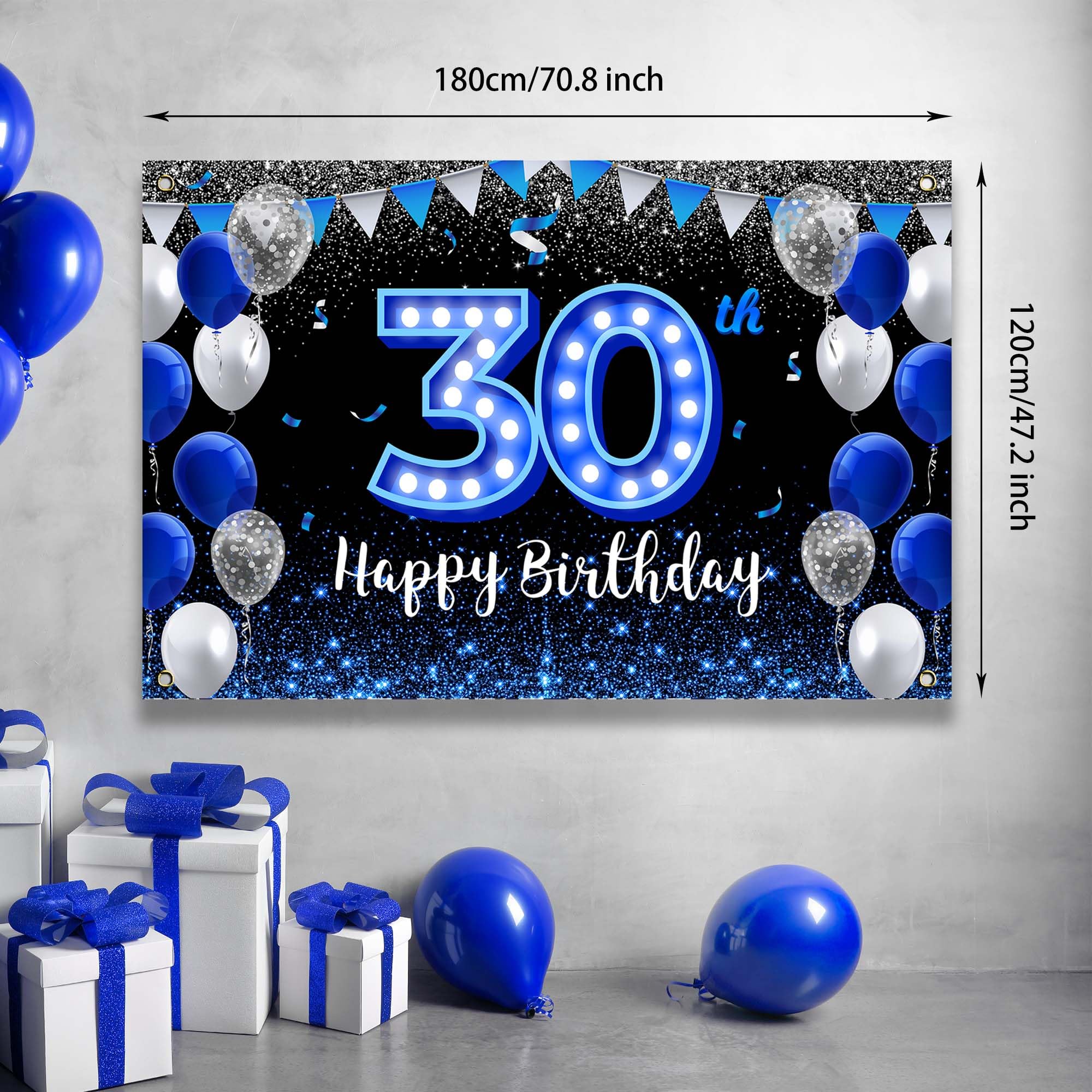 Happy 30Th Birthday Backdrop Banner Blue Black Theme Background With Blue Neon Light Shiny Fashion Birthday Party Photo Photogra