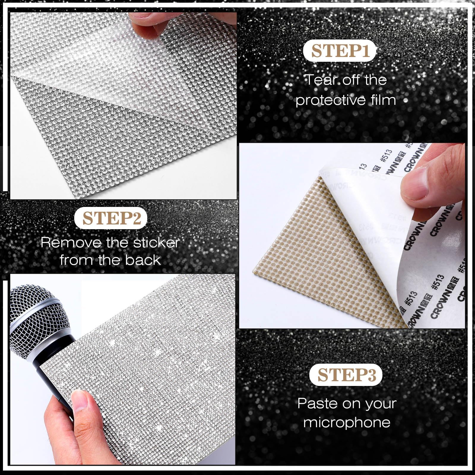 Facmogu 3Pcs Microphone Handle Cover Stickers, Bling Rhinestone Sheets Self Adhesive Microphone Sleeve Sparkly Glitter Mic Handl