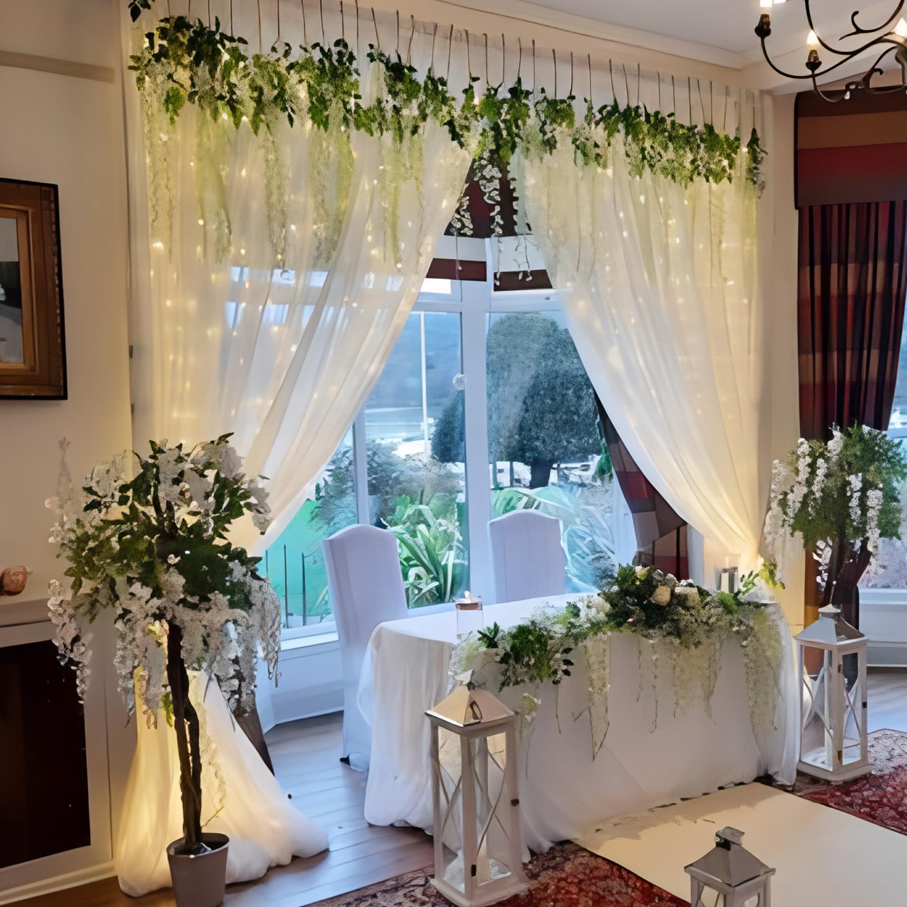 10  10Ft White Tulle Backdrop Curtain With Lights String For Parites, Sheer Curtain Backdrop Drapes For Wedding Party Home Decor