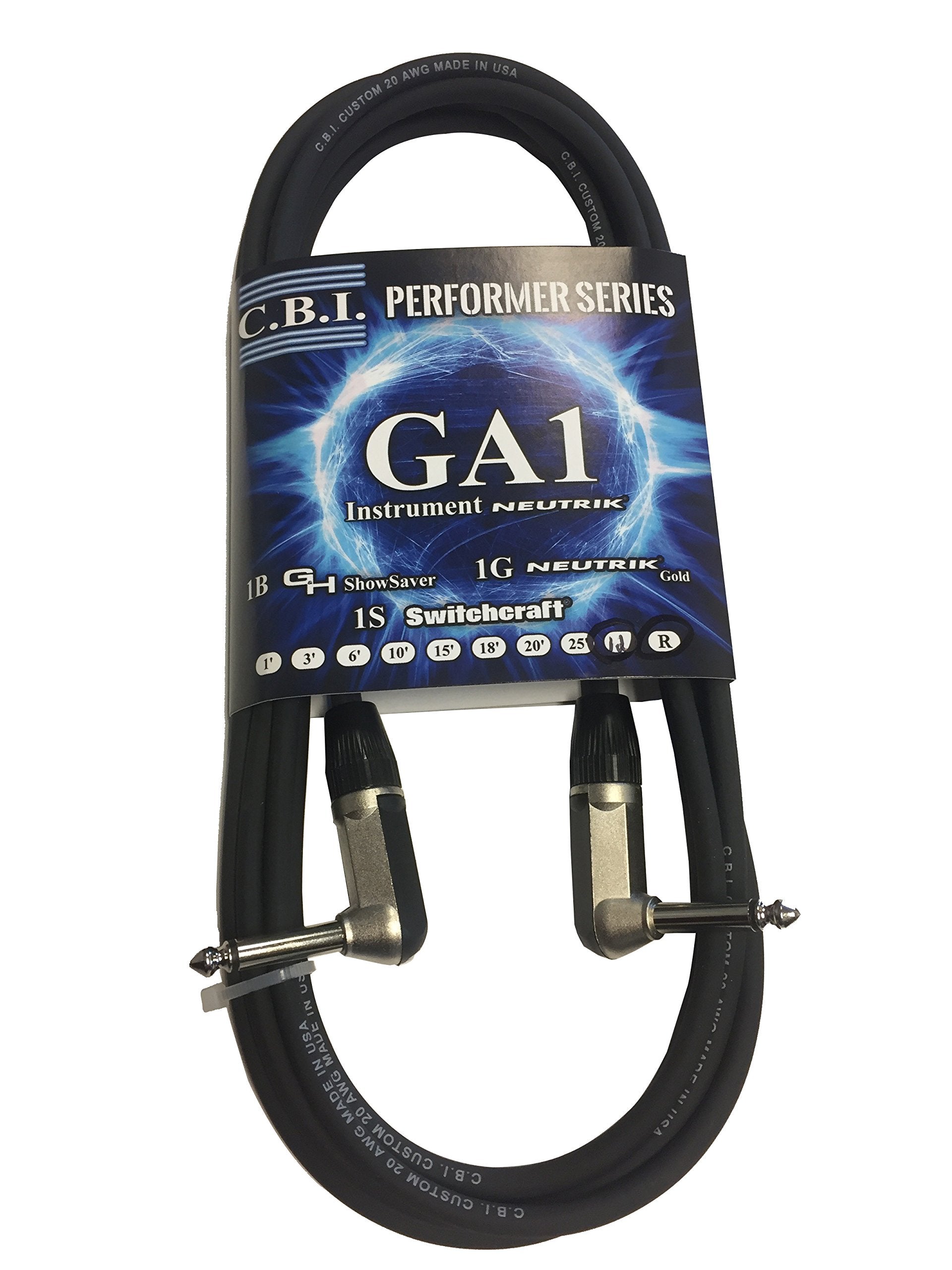 Cbi Ga1 1/4'' Right Angle To 1/4'' Right Angle Guitar Instrument Cable, 12 Feet