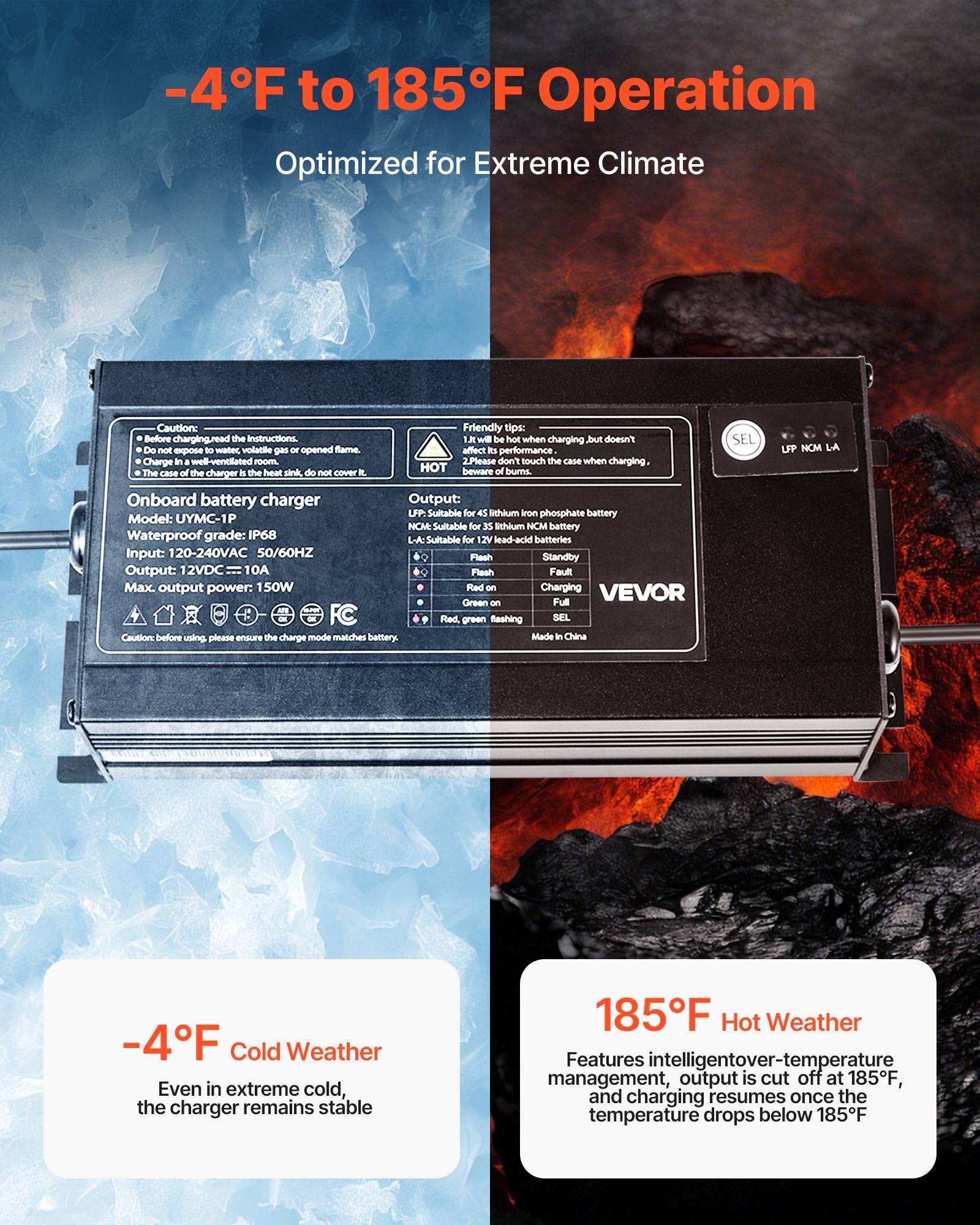 Vevor Marine Battery Charger, 1-Bank, 10A 12V Onboard Boat Charger, Ip68 Waterproof Smart On-Board Battery Charger, For Lithium-