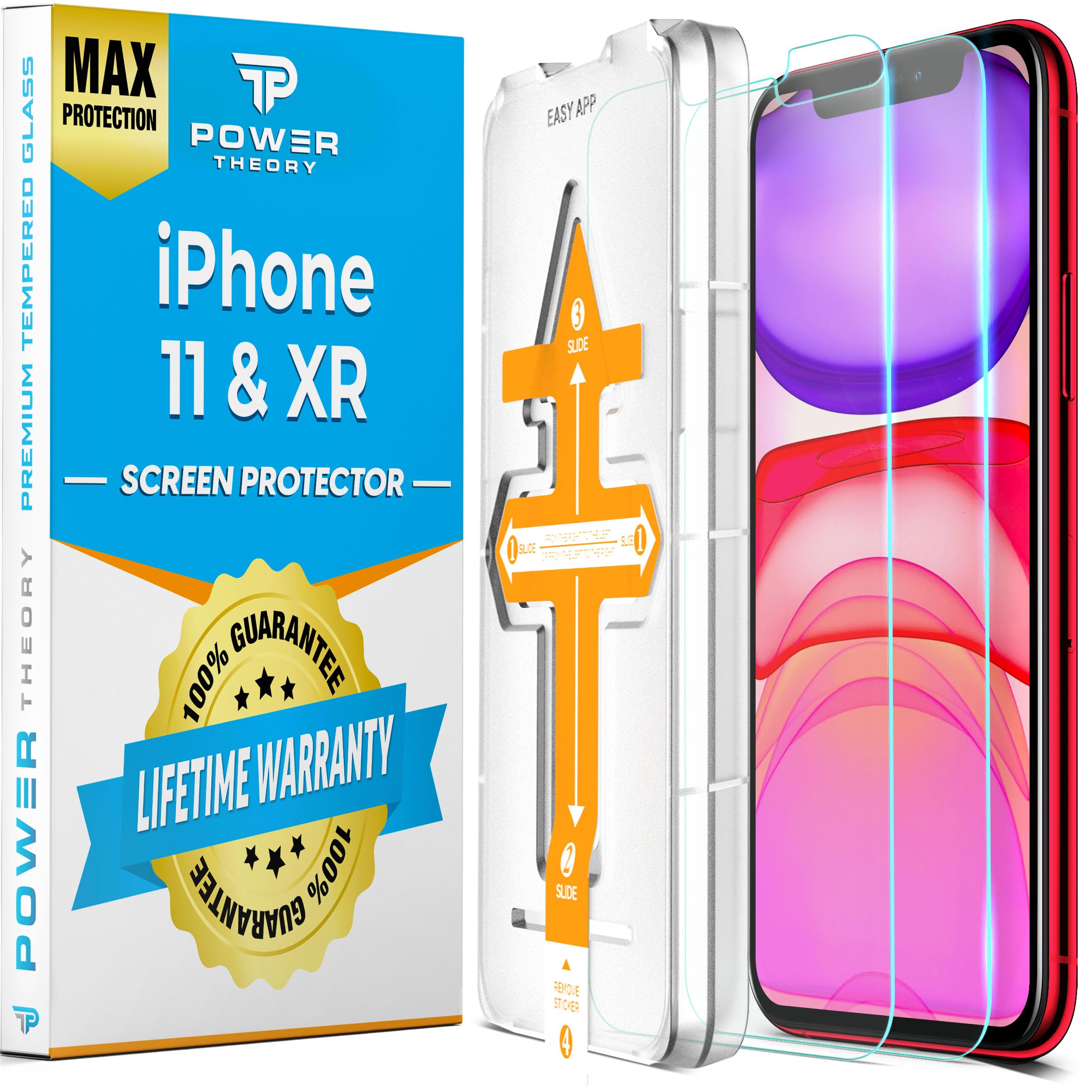 Power Theory Designed For Iphone 11, Iphone Xr Screen Protector Tempered Glass [9H Hardness], Easy Install Kit, 99% Hd Bubble Fr