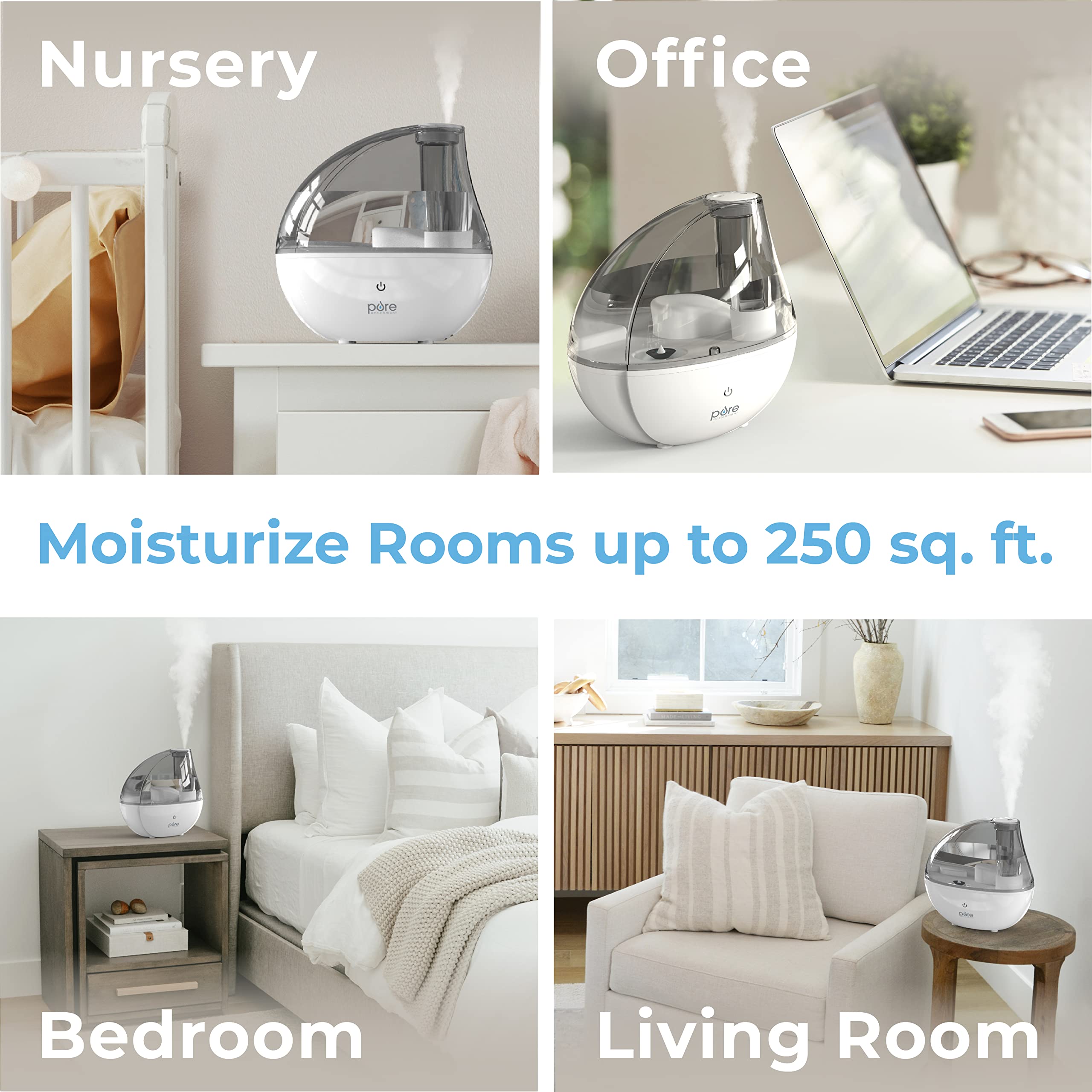 Pure Enrichment Mistaire Silver Ultrasonic Cool Mist Humidifier For Bedroom, Office, Nursery & Indoor Plants   Lasts Up To 25 Ho