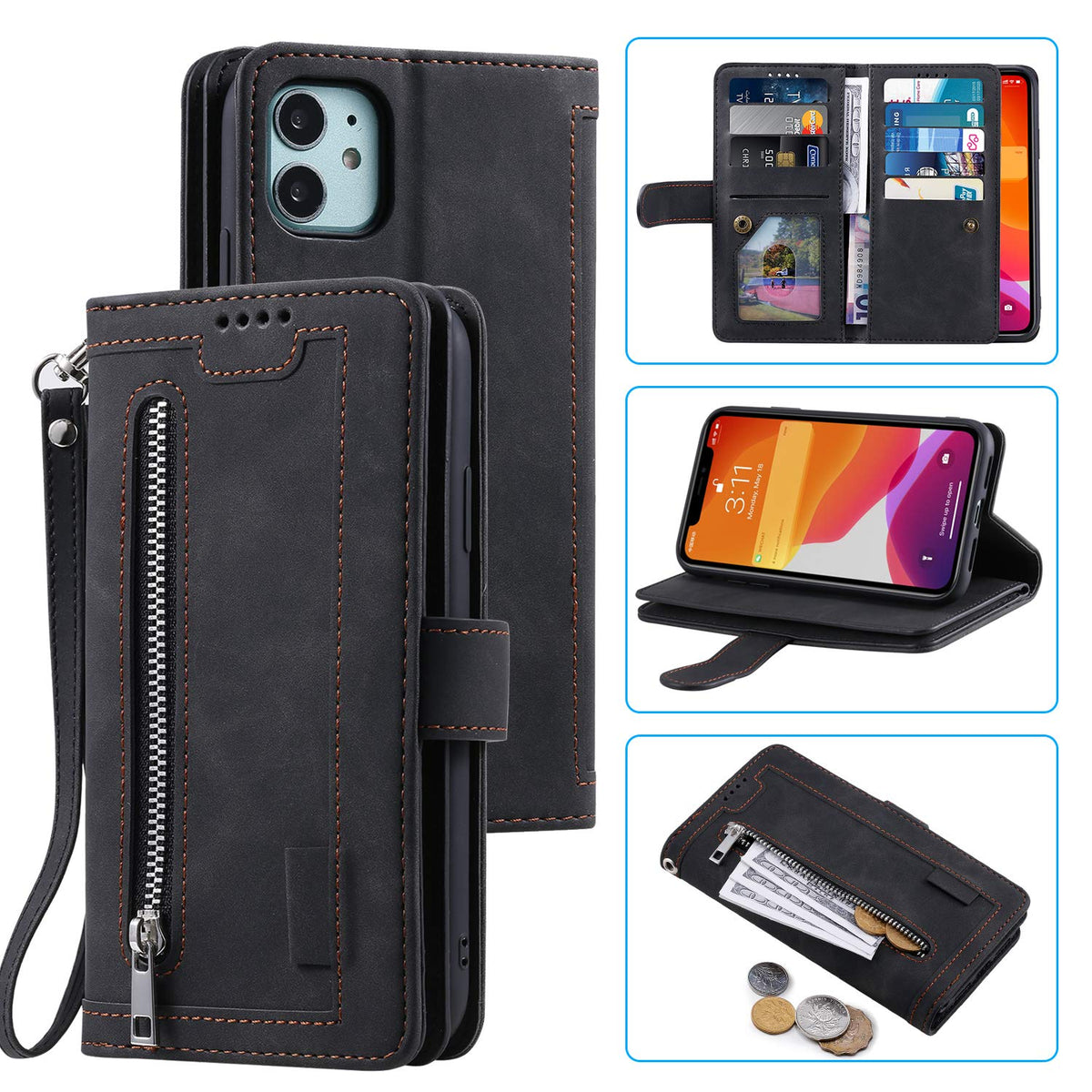Ueebai Wallet Case For Iphone 12 Mini 5.4 Inch, Retro 9 Card Holder Slots Zipper Pocket Handbag Case Pu Leather Magnetic Closure