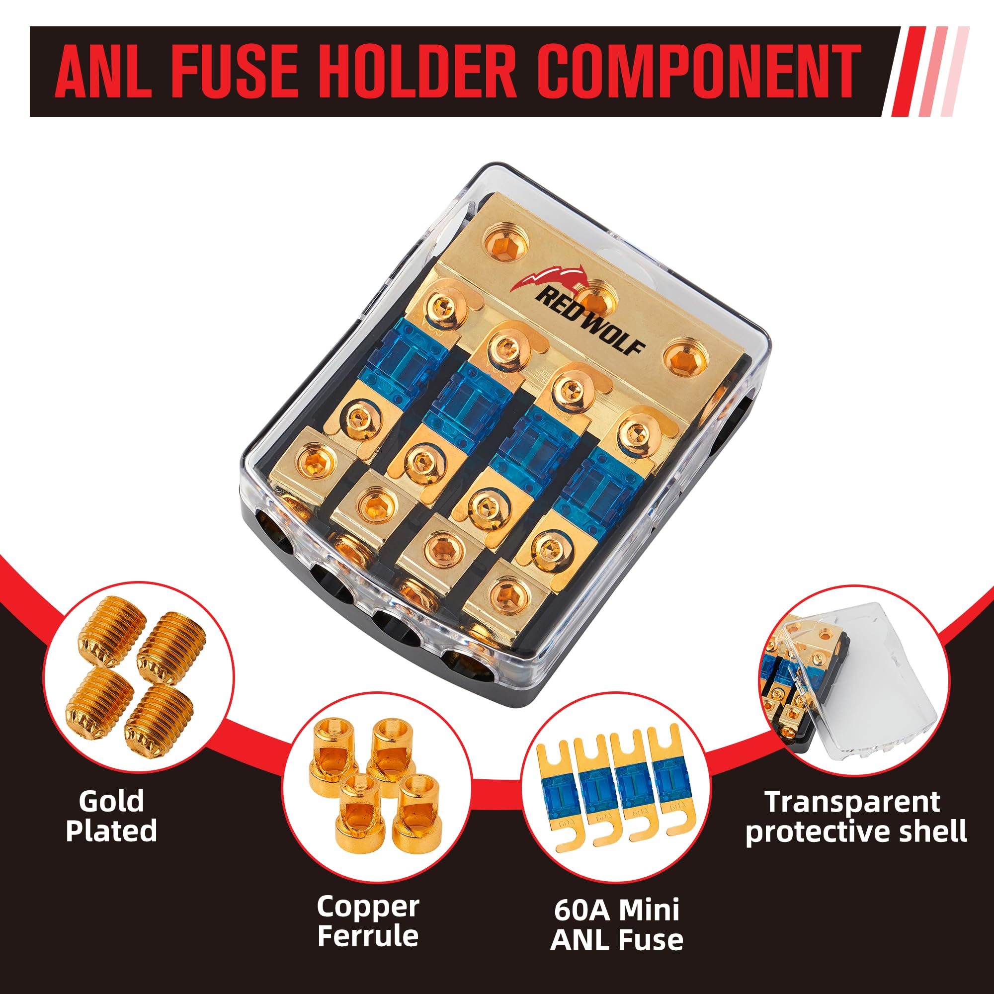 Red Wolf 4 Way Anl Fuse Holder 60A, 0/2/4 Gauge In 4/8 Gauge Out Fuse Distribution Block For Car Boat Trolling Motor Marine Audi