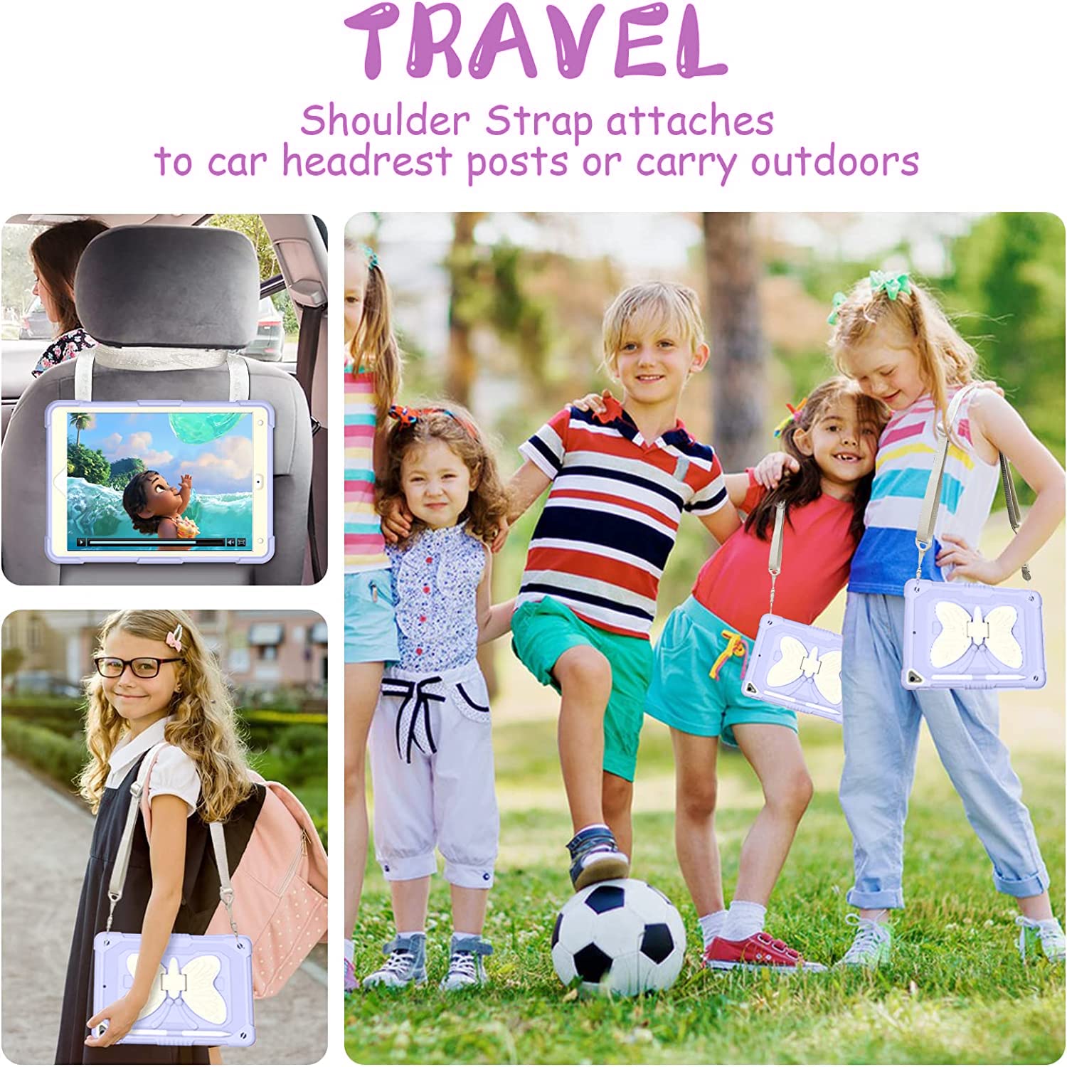 Ambison Case For Ipad 9Th/8Th/7Th Generation 10.2 Inch With Glass Screen Protector,Rugged Shockproof Protective Cover For Kids Girls Butterfly Stand,Shoulder Strap For Ipad 2021/2020/2019 Purple