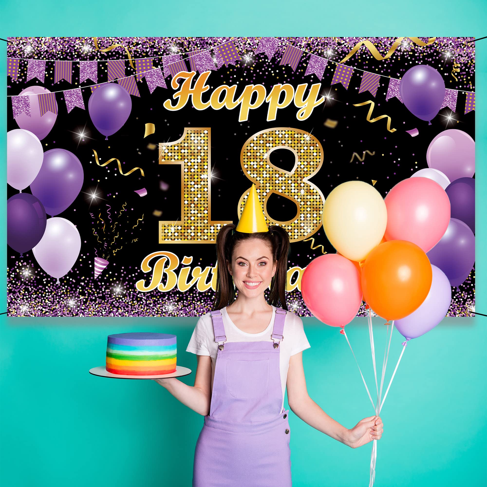 18Th Birthday Decoration Backdrop Banner, Happy 18Th Birthday Decorations For Girls, Gold Purple 18 Birthday Party Photo Booth P