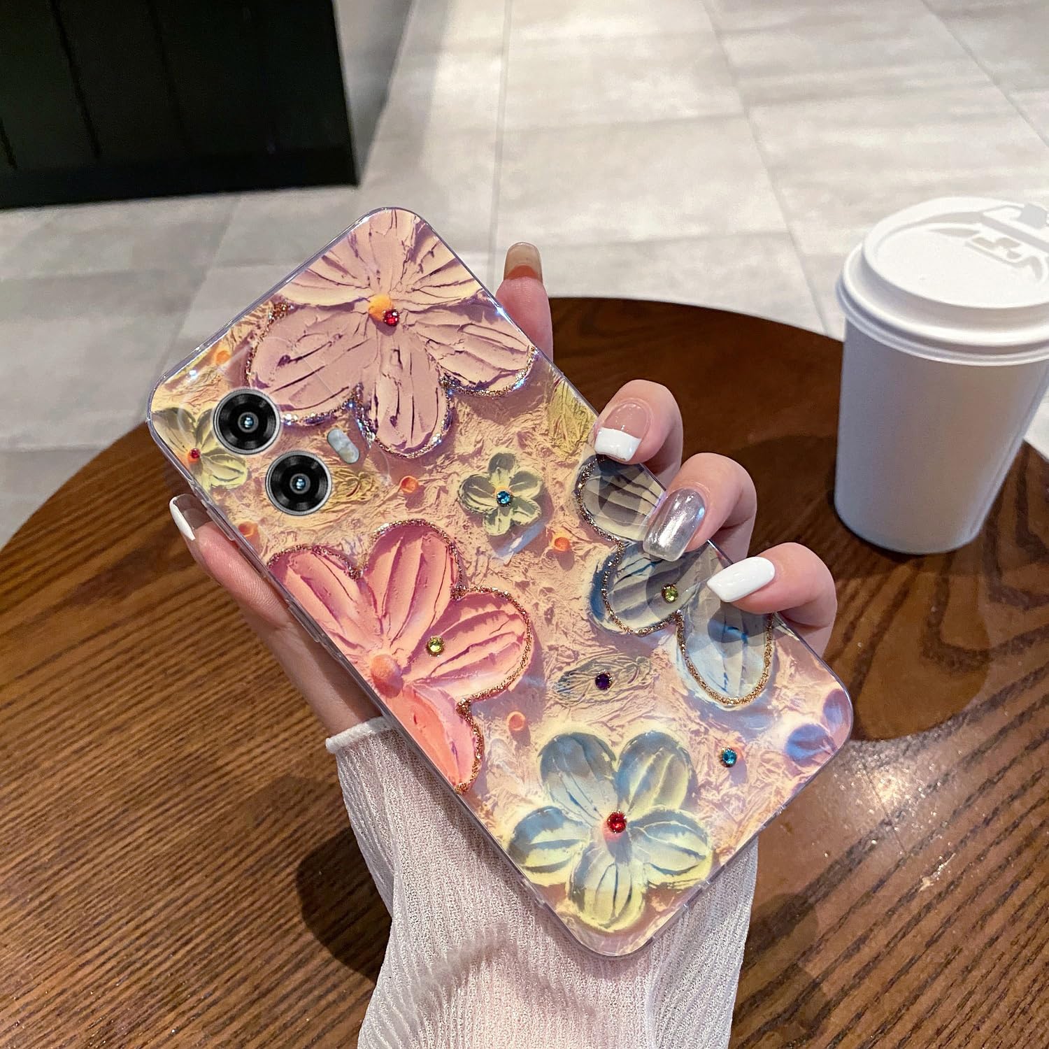 LeLeYun Case for Motorola Moto g Stylus 5g 2024 6.7, Colorful Retro Oil Painting Printed Flower Cute Pattern with Glitter Gem Ph