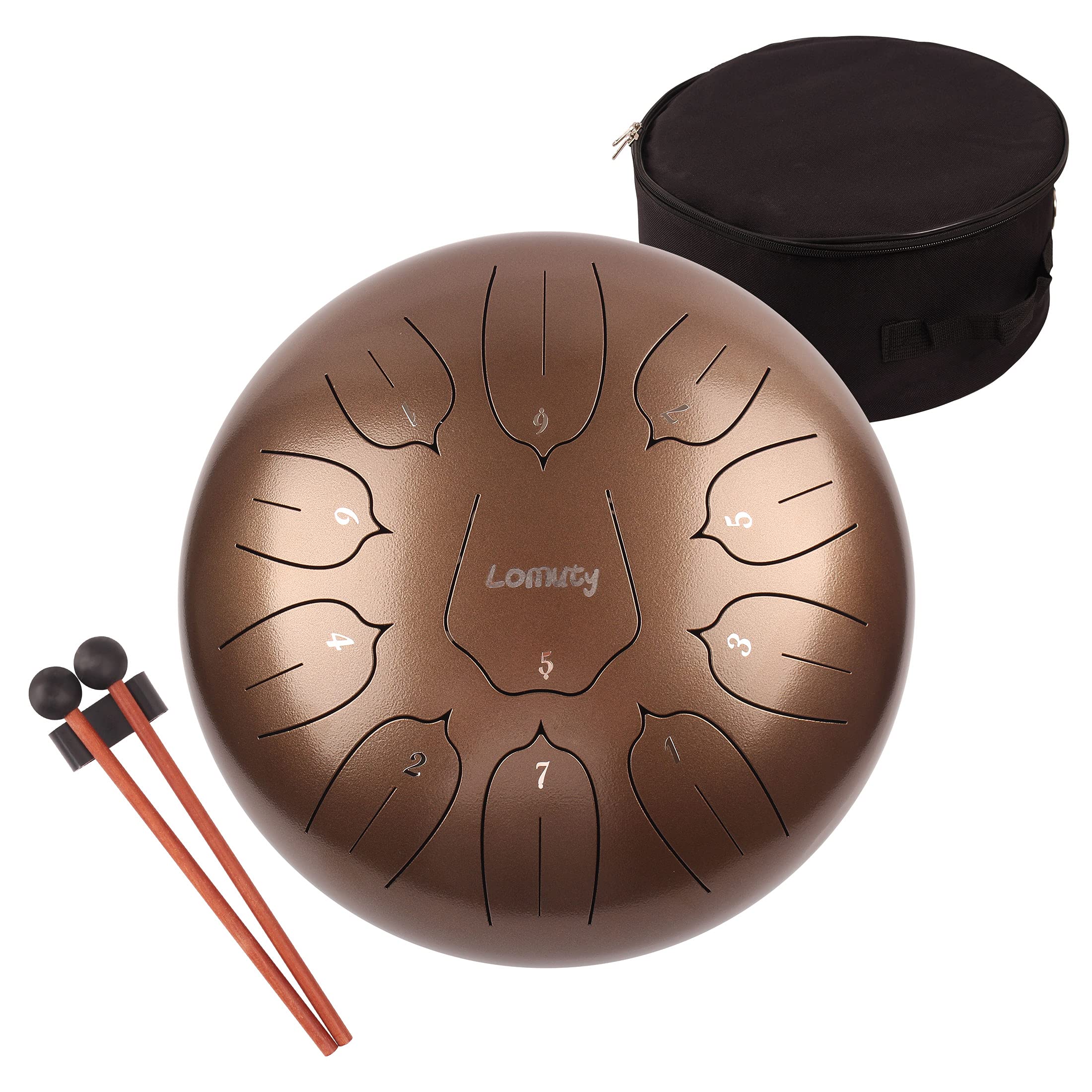 LOMUTY Steel Tongue Drum 12 Inch 11 Notes for Adults - Ethereal Metal Instrument for Meditation & Yoga with Music Book, Mallets 