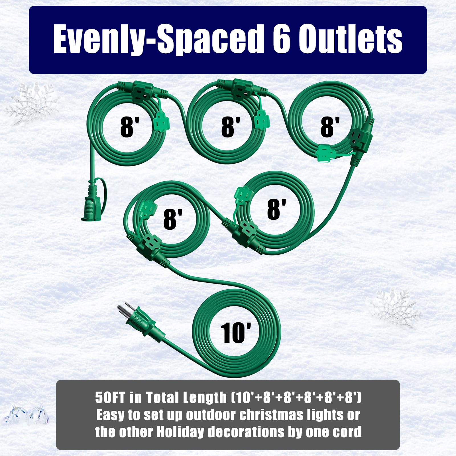 Eversimpleinc 50Ft Outdoor Extension Cord With 6 Outlets Evenly Spaced??, With Waterproof Cover, Ideal For Outdoor Decoration La