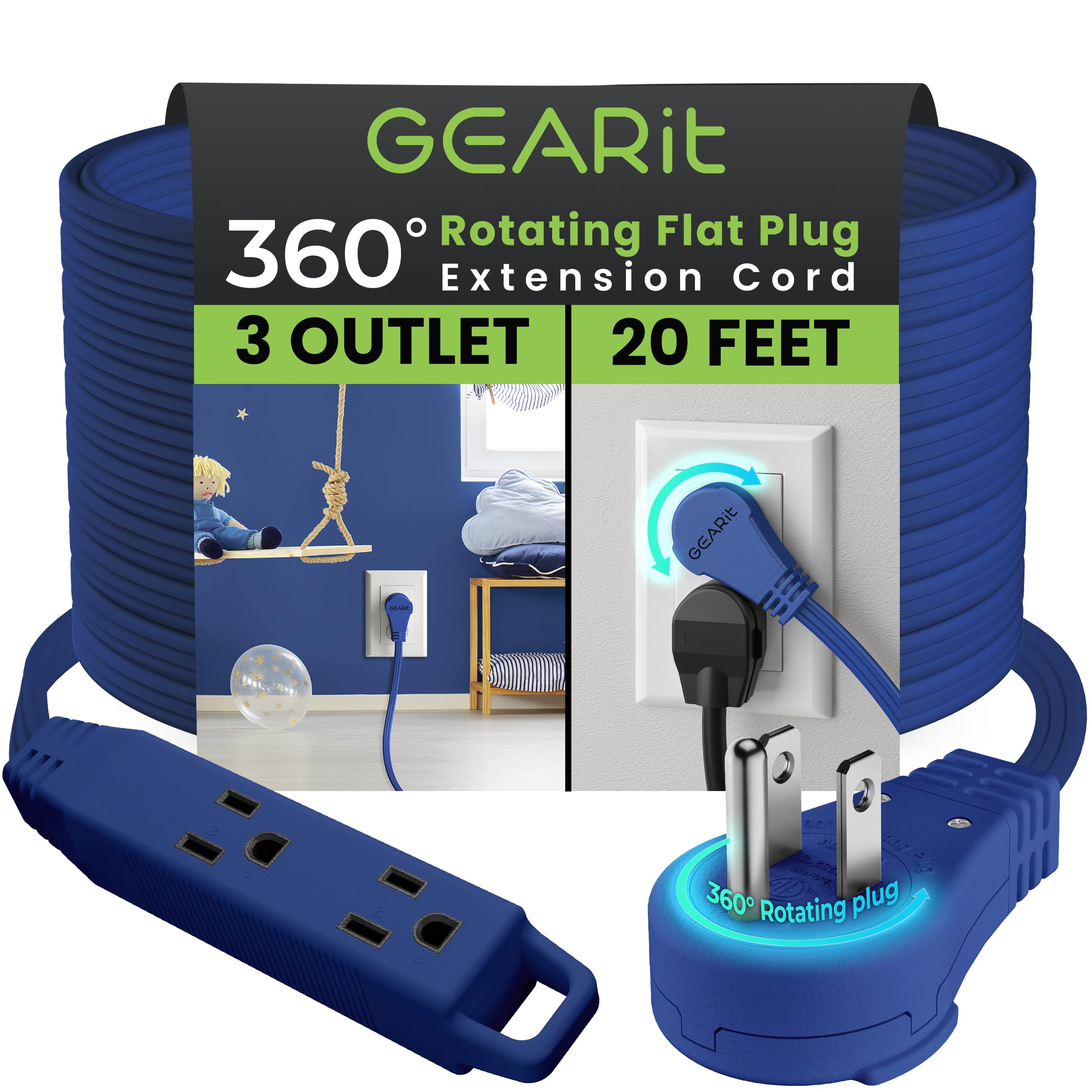 Gearit 360 Rotating Flat Plug Extension Cord With 3 Outlets (20Ft, Navy) 16Awg/13A 3 Prong Wire, Outlet Saver For Home Office Do