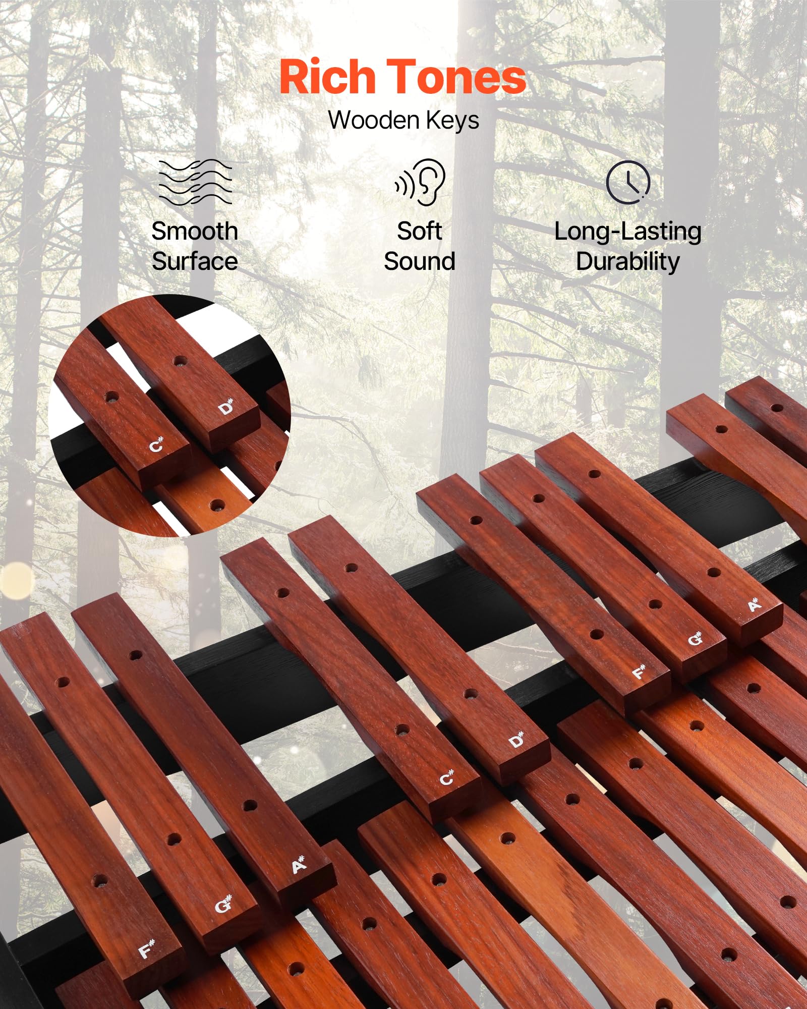 Vevor Glockenspiel Xylophone, 32 Notes, Wooden Professional Xylophone Percussion Instrument, With Height Adjustable Stand, 4 Mal