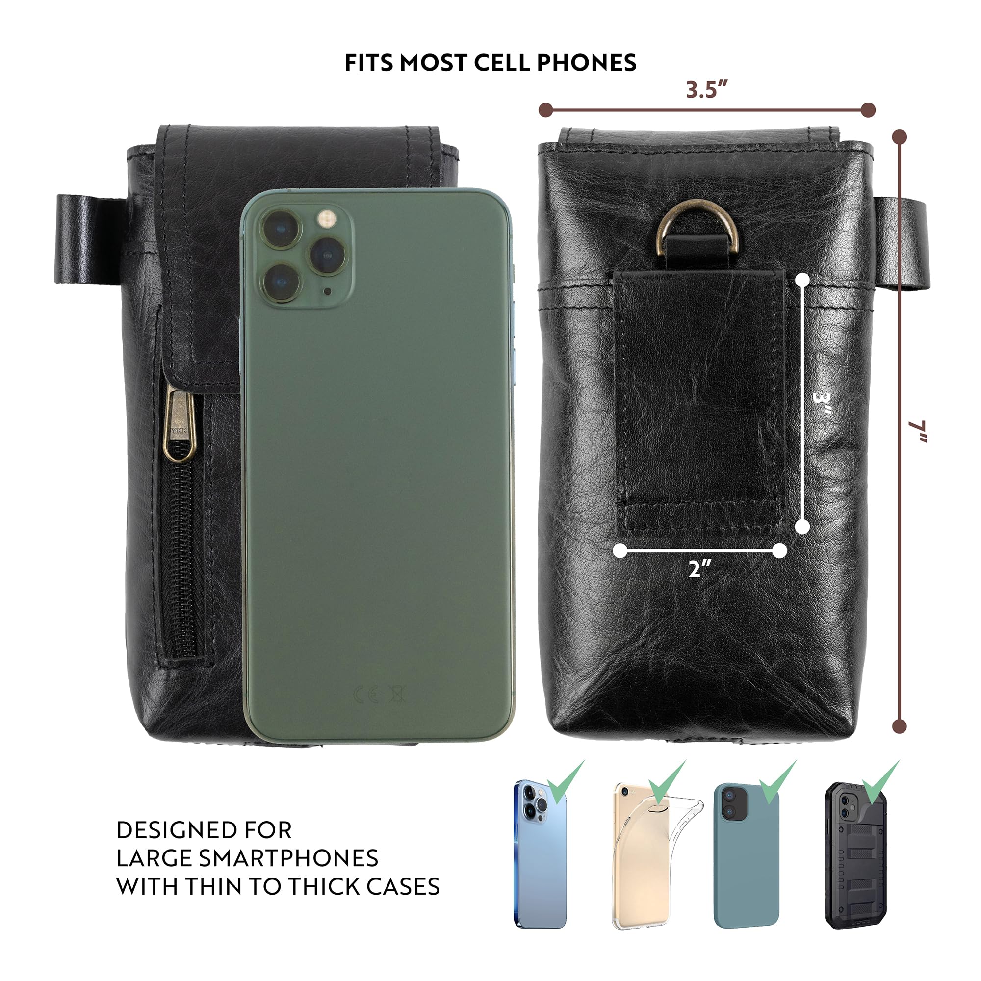 Moonster Leather Phone Holster - Genuine Full-Grain Buffalo Leather Pouch for Large Smartphones, 7”H x 3.5"W, Black, Model PHBLK23