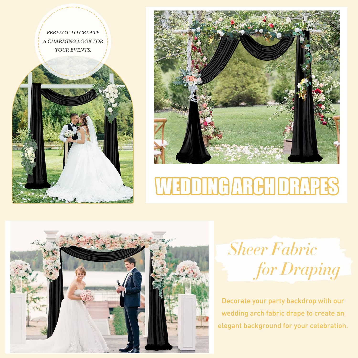 Fuhsy Wedding Arch Draping Fabric 29'' X 20Ft 1 Panel Black Wedding Arch Drapes Sheer Curtains For Backdrop Wedding Drapery Chif