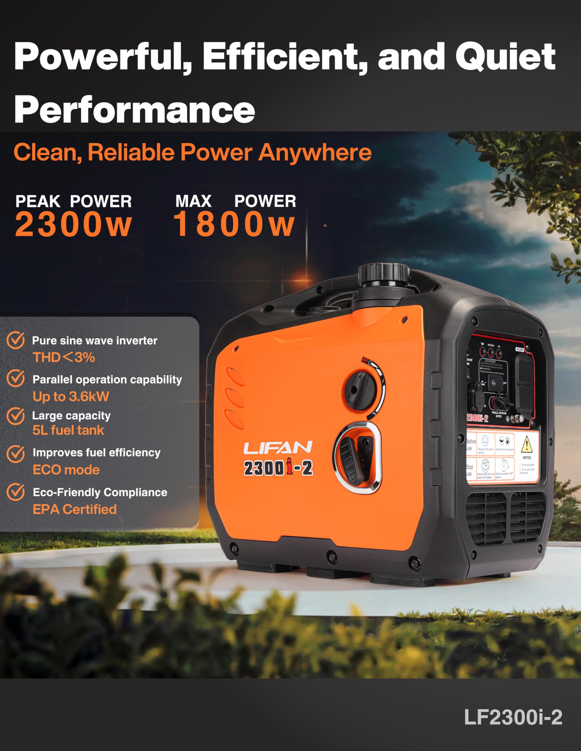 Lifan 2300W Gasoline Inverter Generator - Portable, Quiet & Fuel-Efficient Power Solution For Home, Camping, Rv & Emergency Use