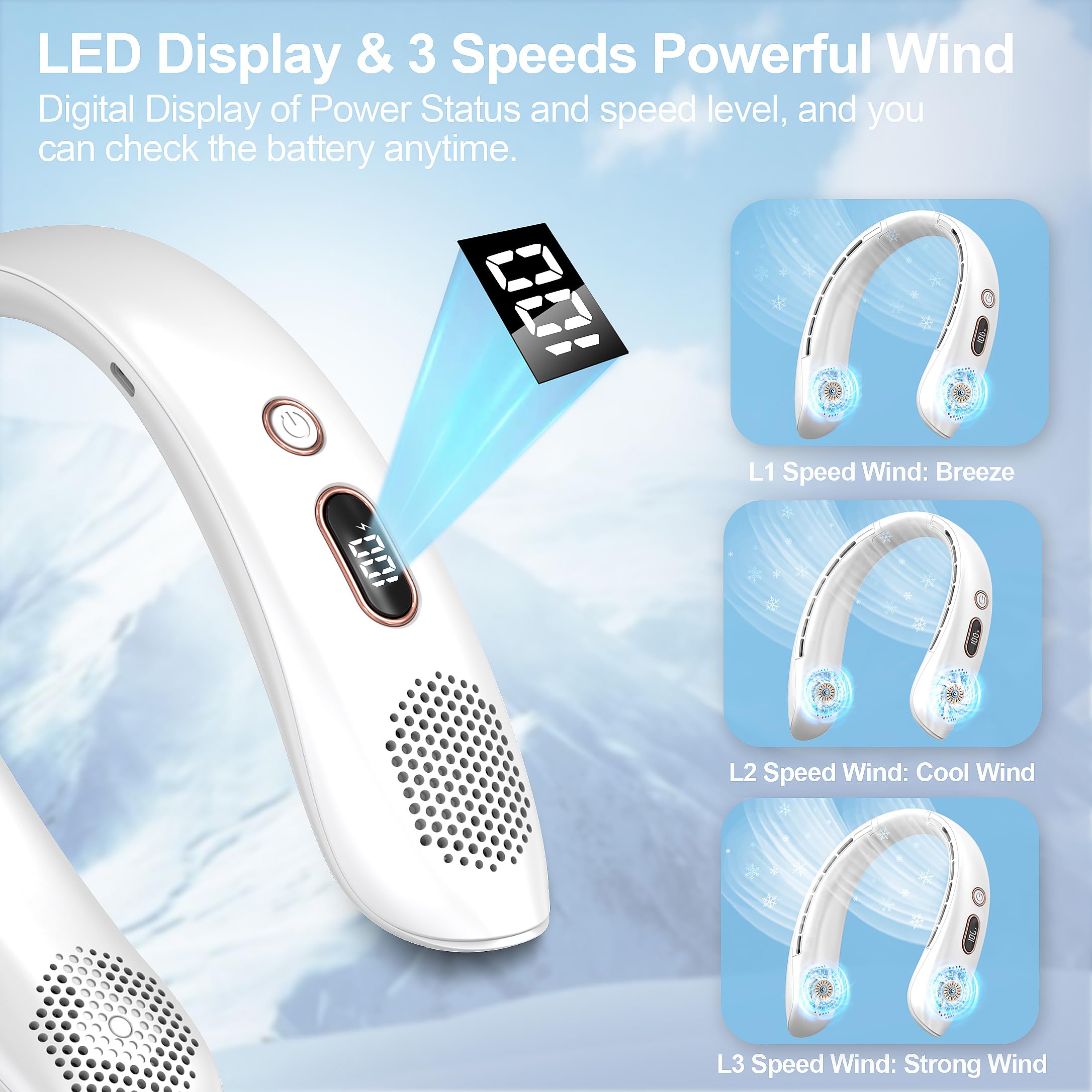 Vekk Neck Fan, Portable Bladeless Fan, 6000Mah Battery Usb Rechargeable, Led Display, 360?Cooling Wearable Personal Fan, 3 Speed