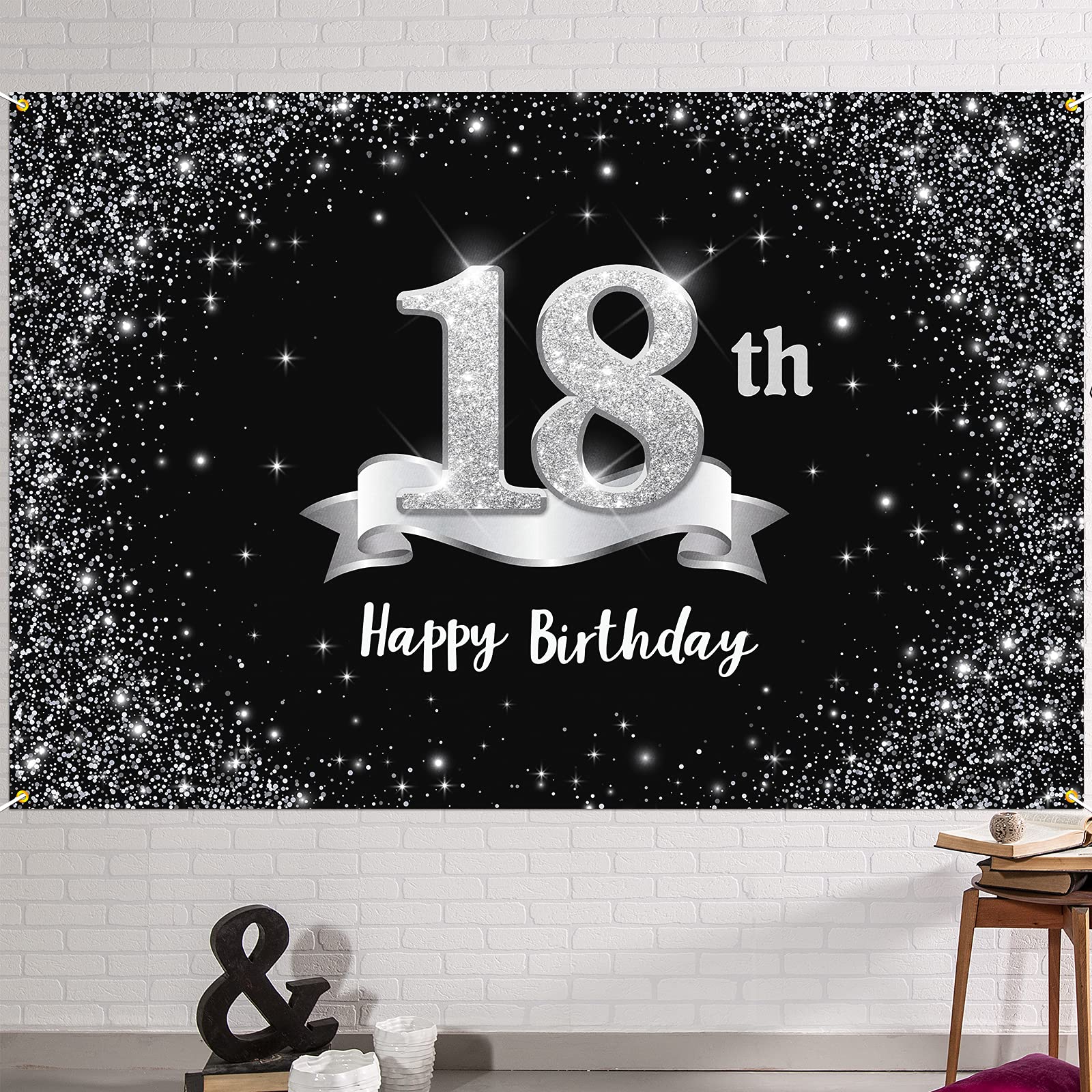 Hamigar 6X4Ft Happy 18Th Birthday Banner Backdrop   18 Years Old Birthday Decorations Party Supplies For Girls Boys   Black Silv