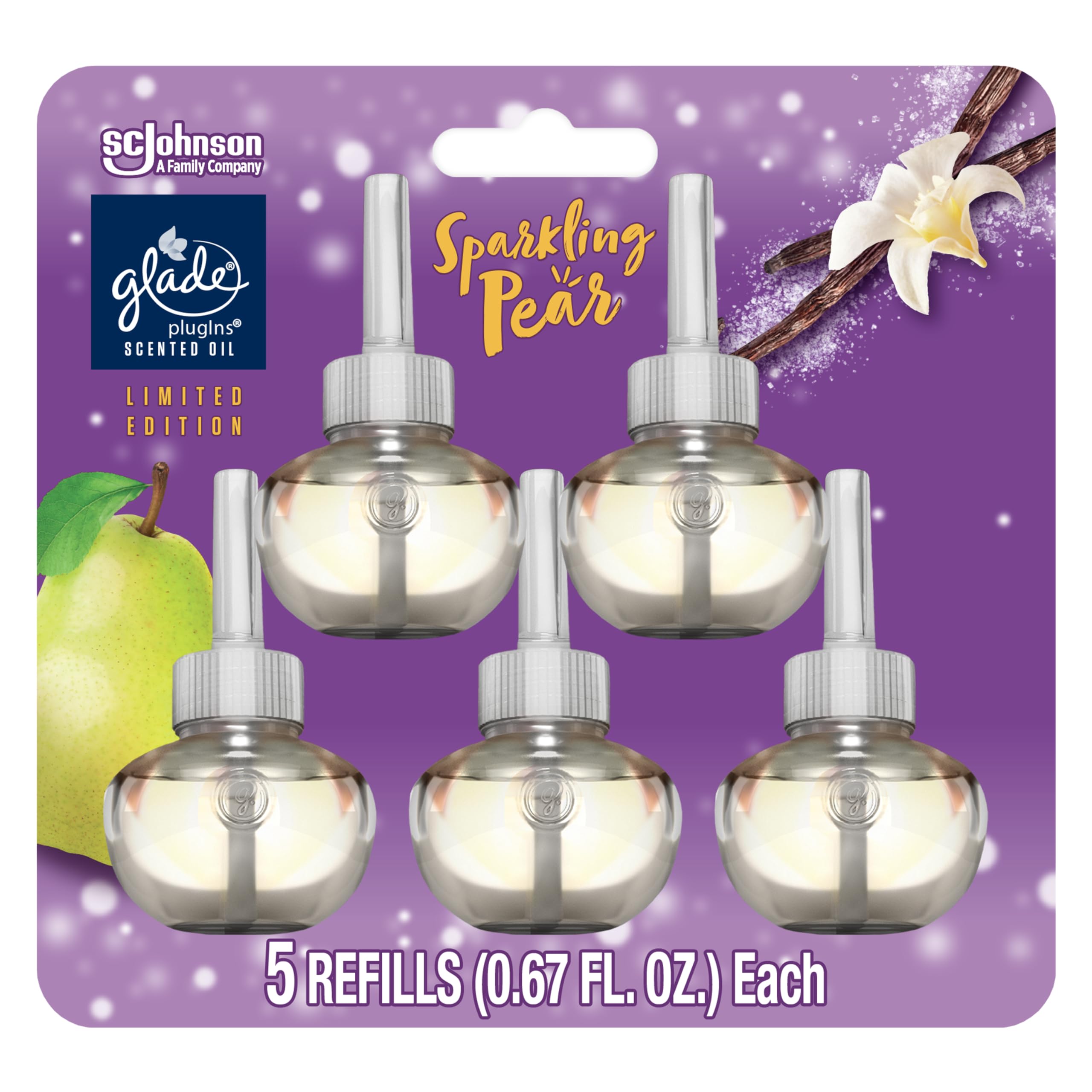 Glade Plugins Refills Air Freshener, Scented And Essential Oils For Home And Bathroom, Sparkling Pear, Limited Edition Scent, 3.