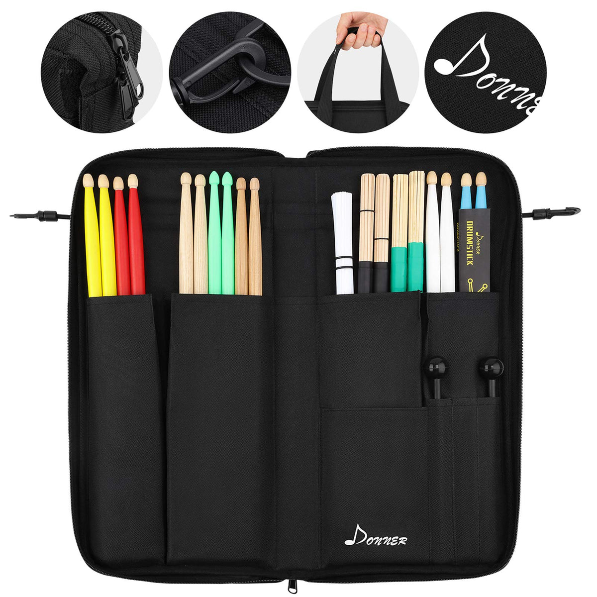 Donner Drumsticks Bag Holder Thickened Large Capacity Drum Sticks Bag Hangable Portable For Drumsticks Brushes Mallets Up To 12 