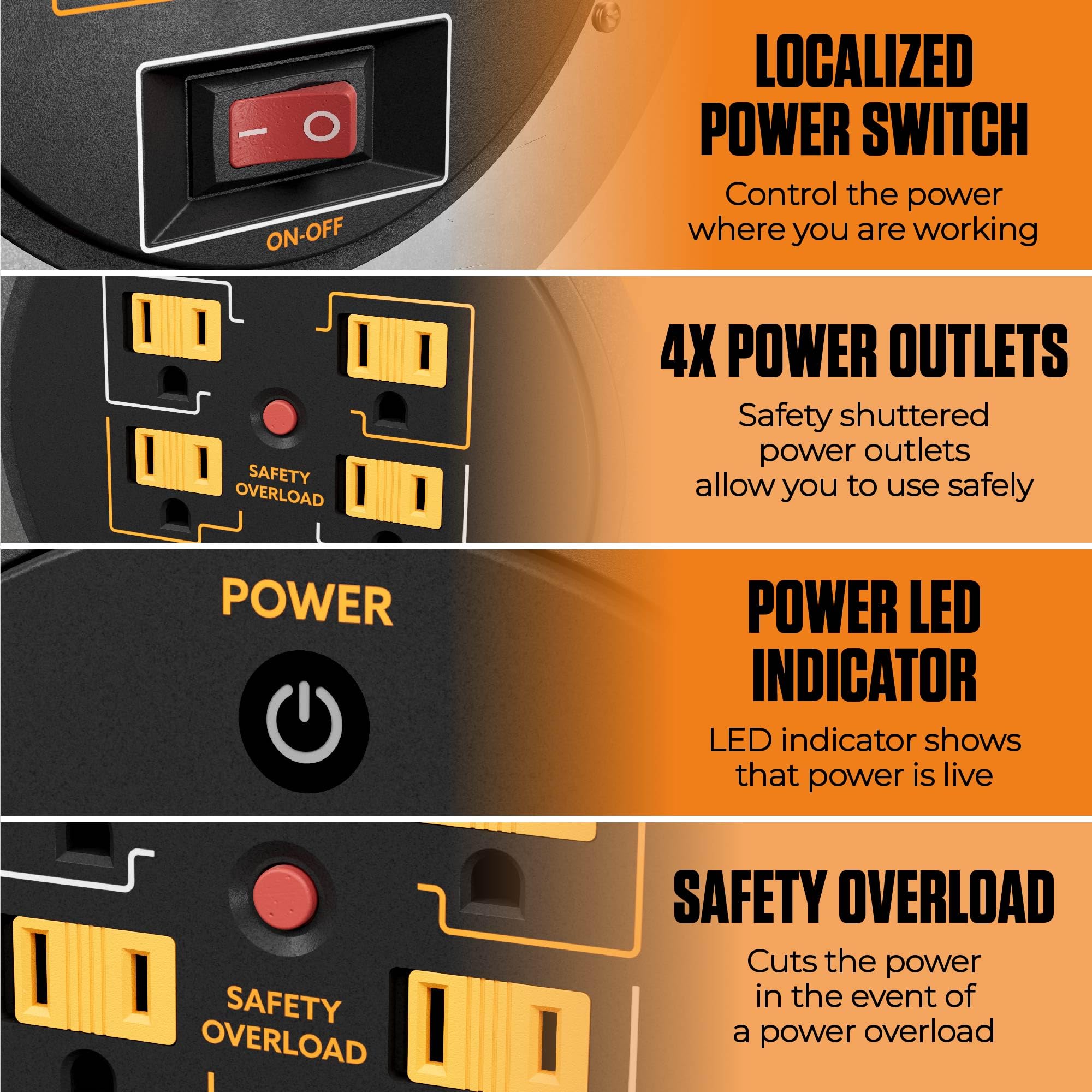 Masterplug 1Ft Cord Reel, Metal Cable Drum, Retractable Extension Lead With Winding Handle, Safety Overload Circuit Breaker And