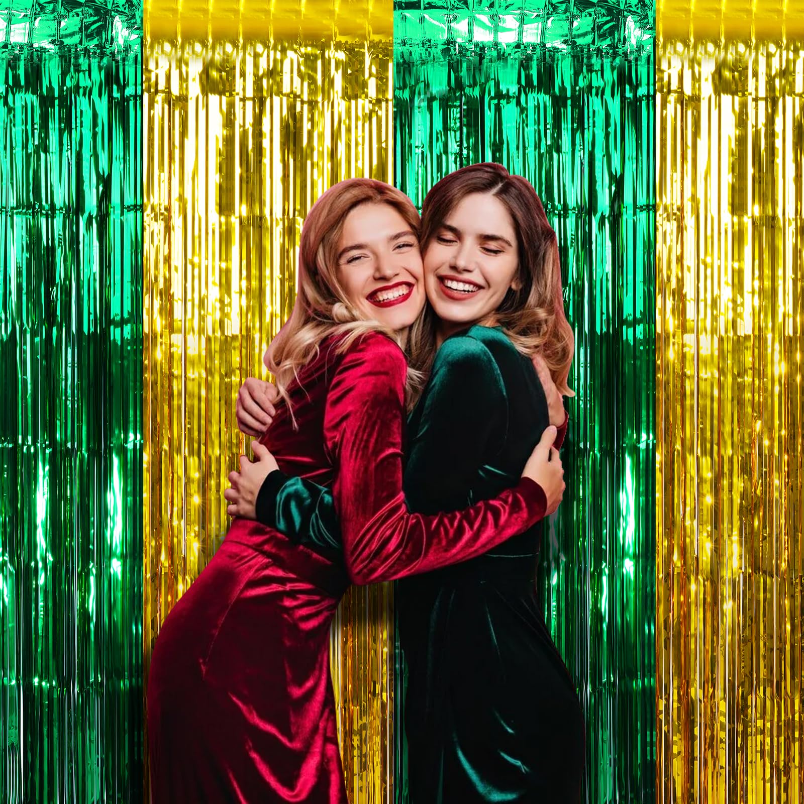 3Pack 3.3Ft X 6.6Ft Graduation Foil Fringe Curtain Backdrop Decorations, Green Gold Metallic Tinsel Foil Streamers Curtain Photo