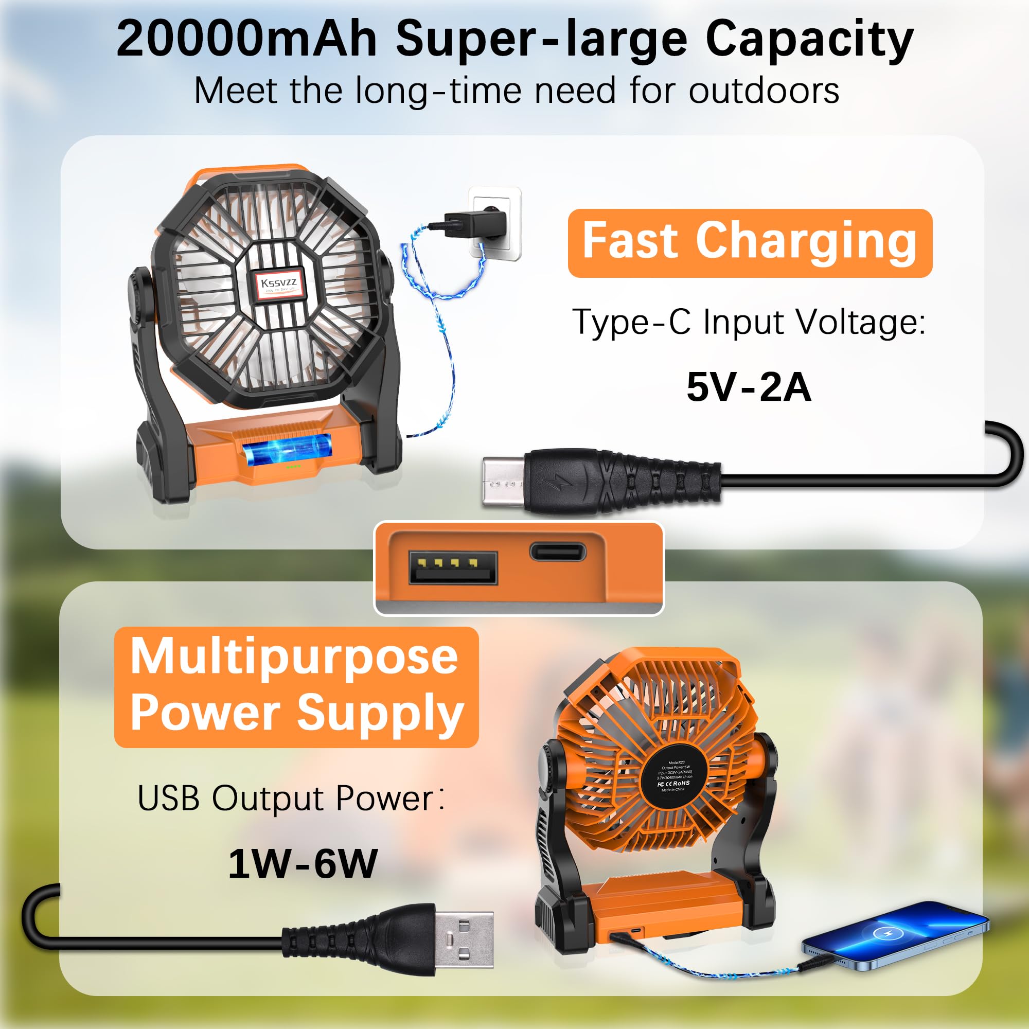 Portable Camping Fan Rechargeable With Led Lantern - 20000Mah Cordless Battery Powered Fan, 4 Speed Quiet Usb Table Desk Fan, Ba
