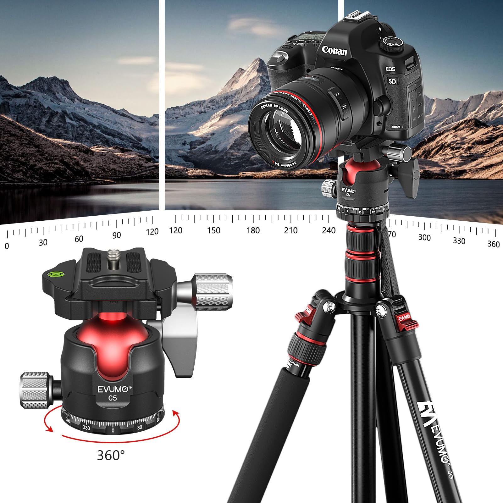 Evumo C5 38Mm Tripod Ball Head With Arca Type Quick Release Plate, 360 Panoramic Ball Head Mount With 1/4'' Screw 3/8'' Thread F