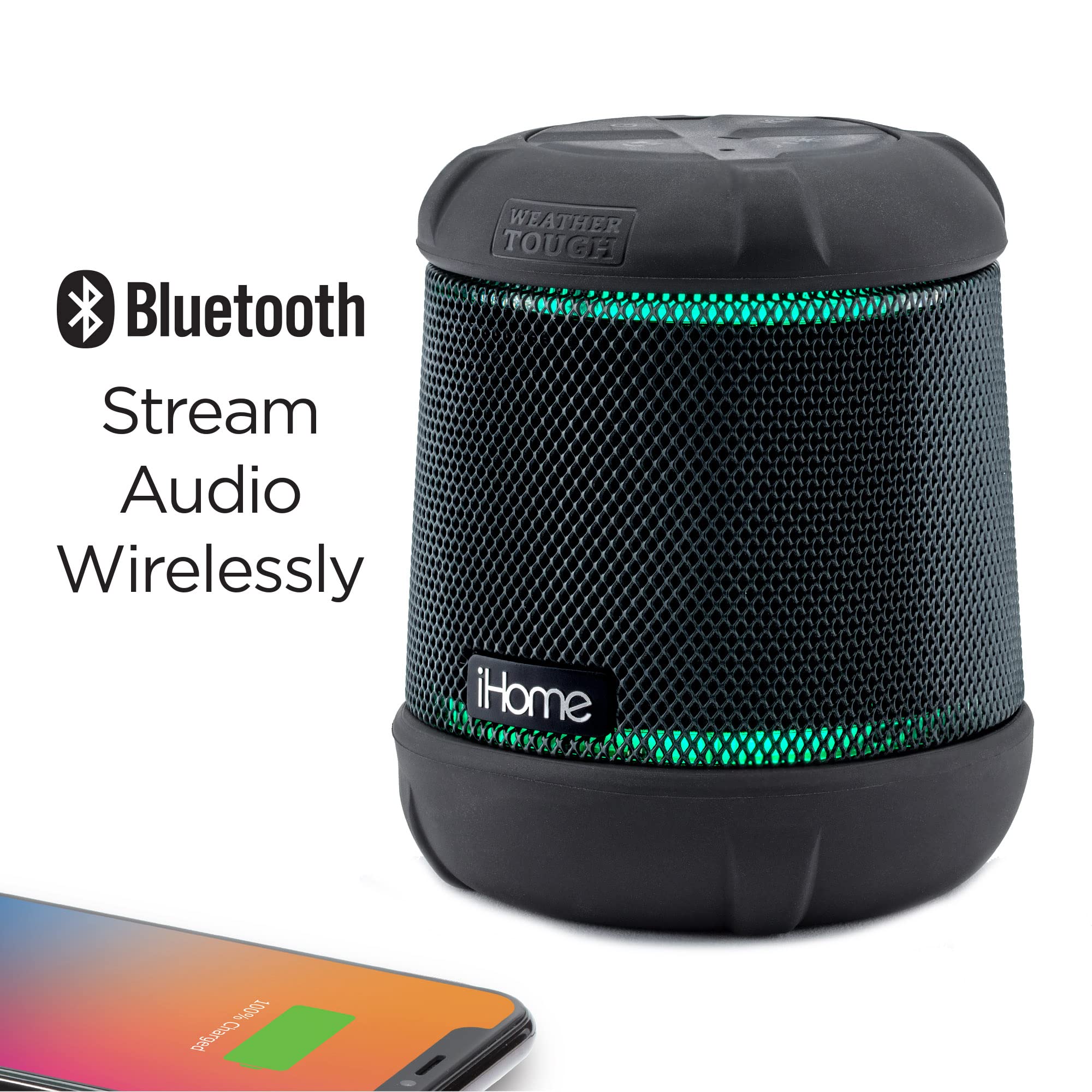 Ihome Waterproof Bluetooth Speaker With Color Changing Lights, Ip67 Certified Portable Speaker With Passive Subwoofer And Enhanc