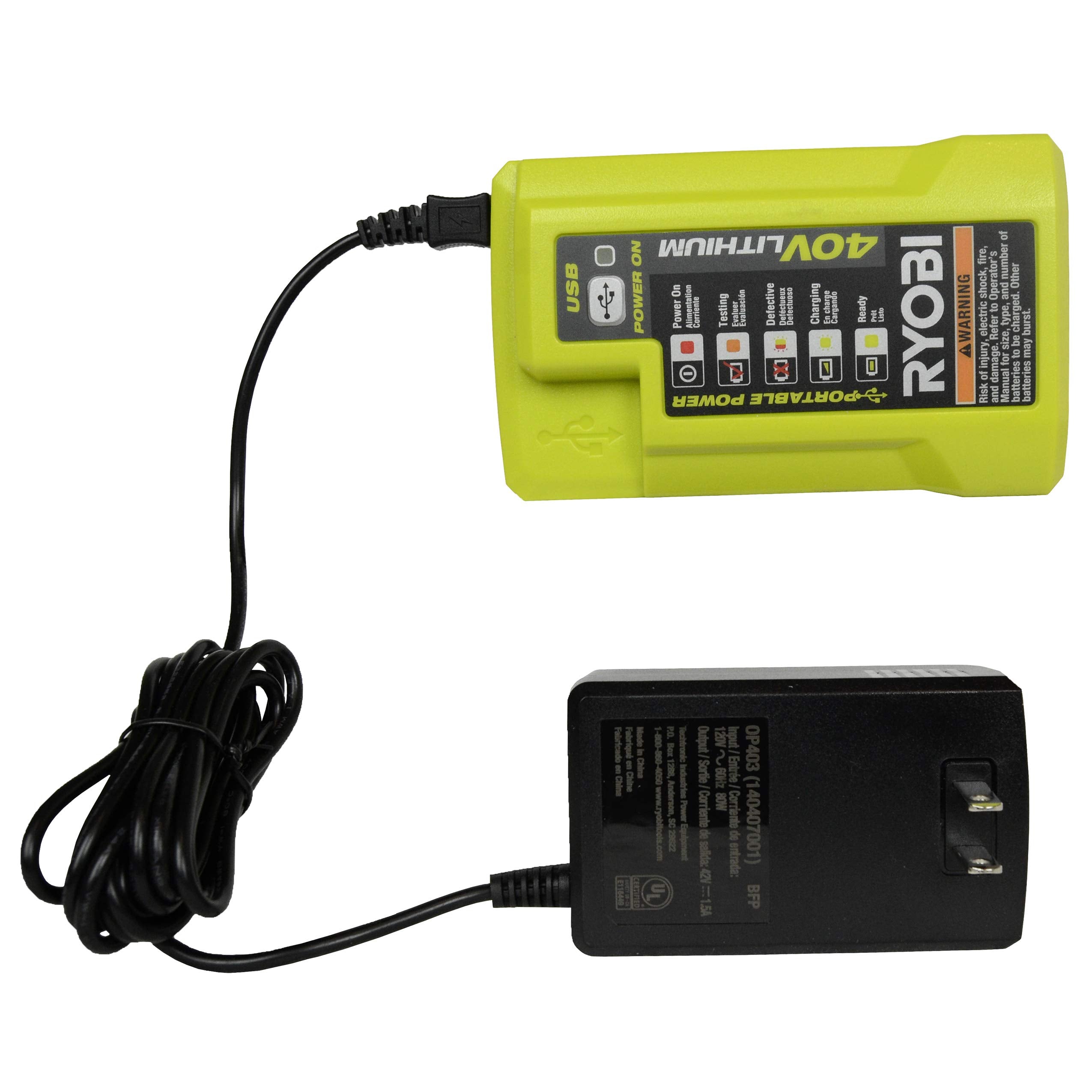 Ryobi Op403 Lithium Ion 40 Volt Battery Charger W/Usb Plug In