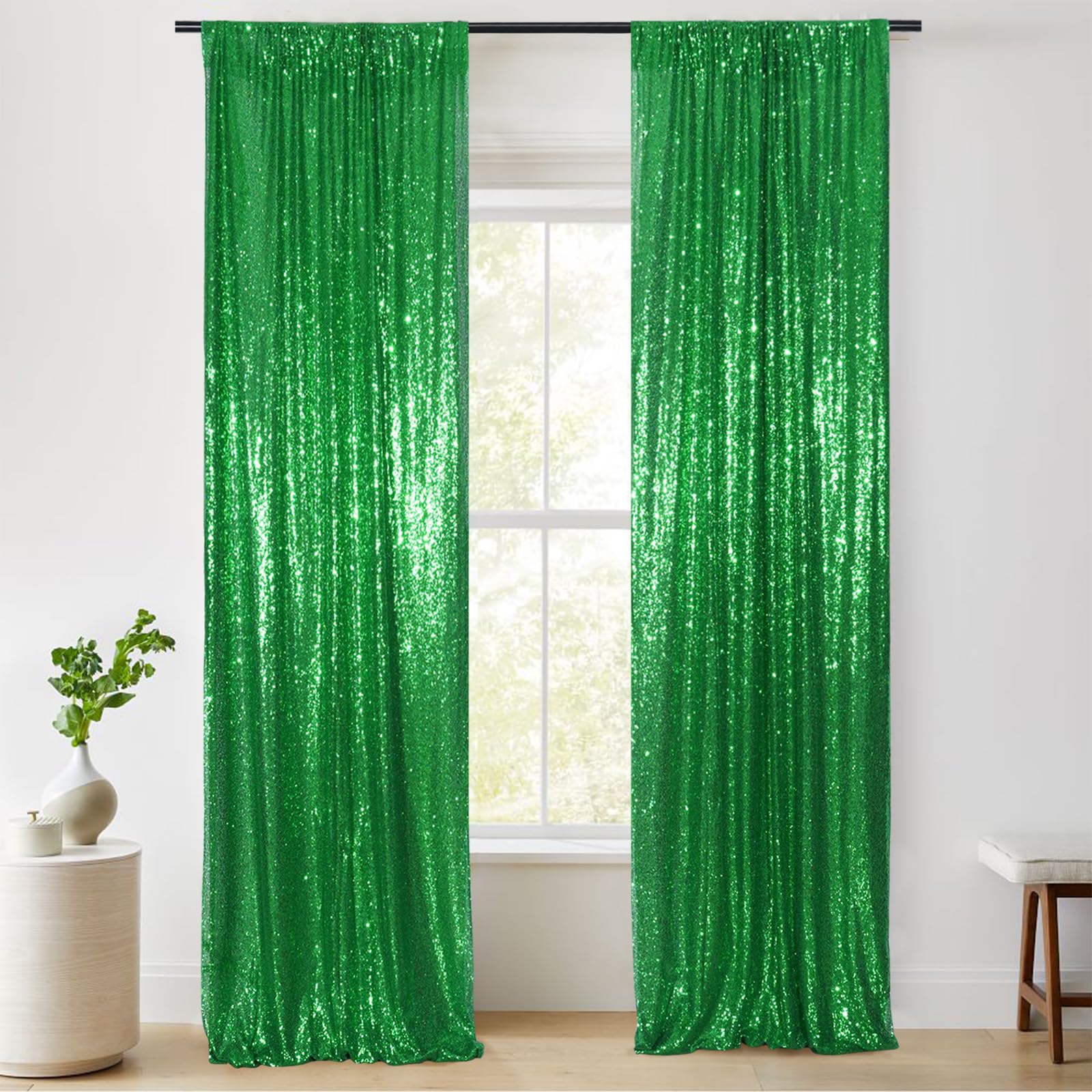 Partydelight Green 2Ft X 8Ft Sparkly Sequin Backdrop Curtains, 2 Panels, For Wedding, Party, Room Decorations