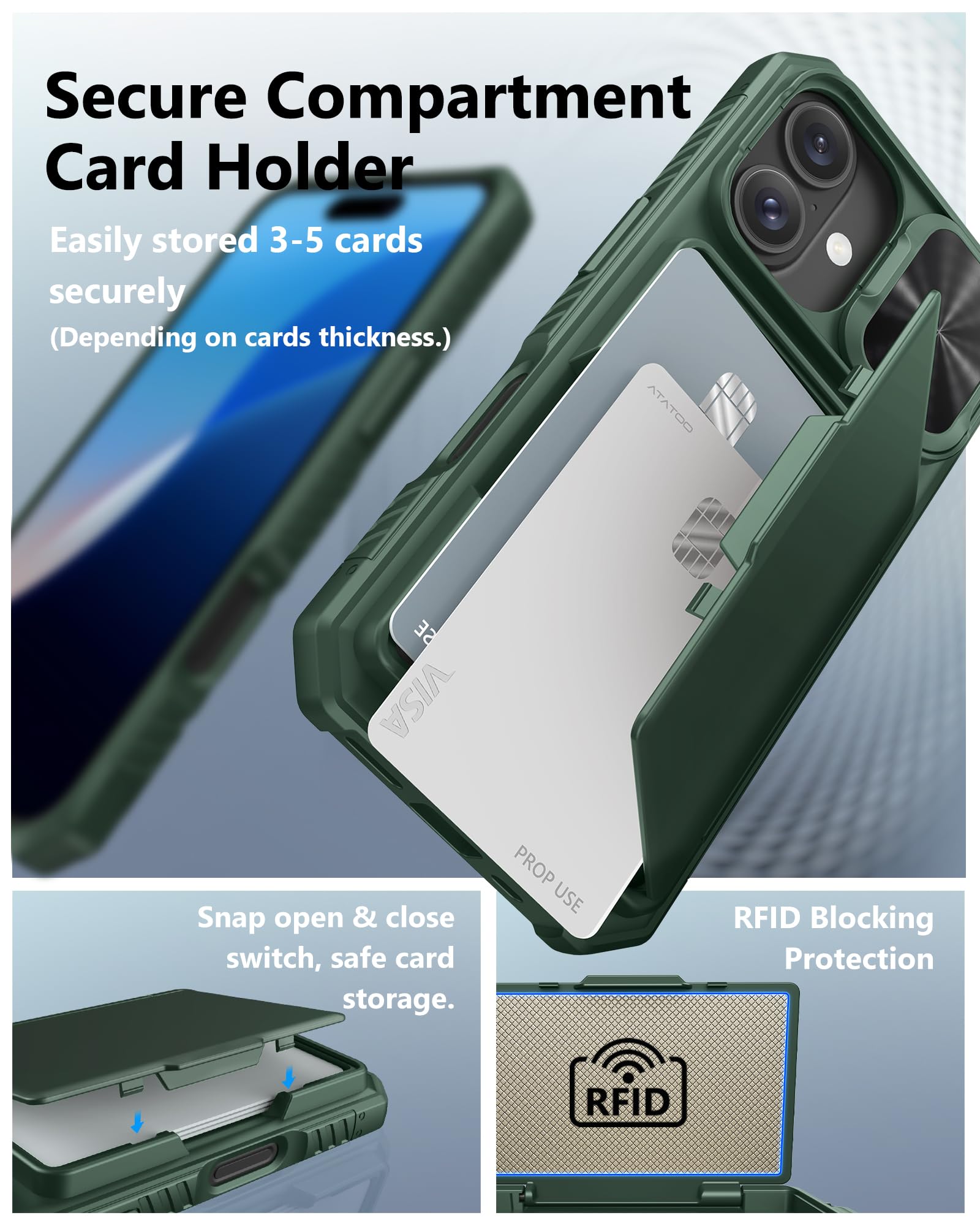 Atatoo For Iphone 16 Wallet Case With Card Holder (Store 3 5 Cards) [Rfid Blocking] & Sliding Camera Cover, Military Grade Prote