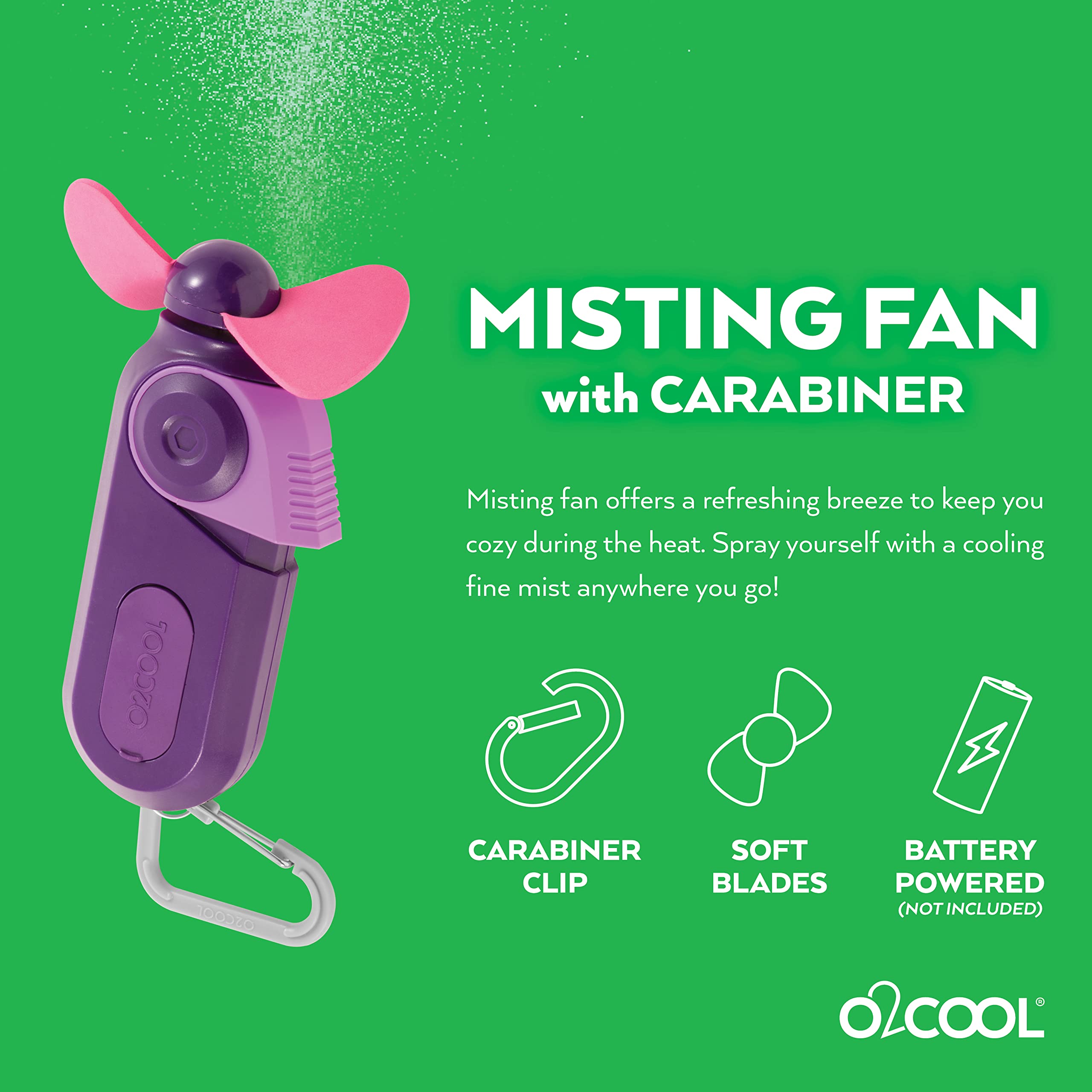 O2Cool Sport Misting Fan   Portable Pocket Size Battery Powered Cooling Fan With Carabiner Clip (Purple) 2 Pack