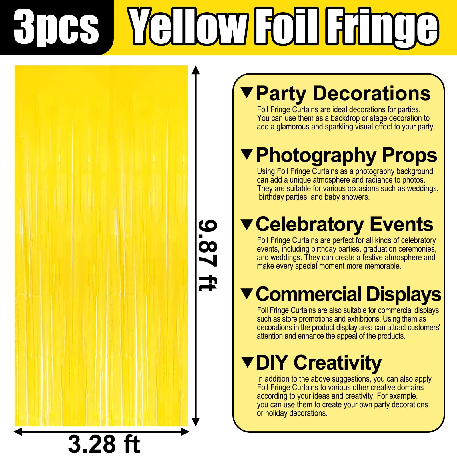 3 Pack Macaron Yellow Foil Fringe Curtain Backdrop, 3.28Ft X 9.8Ft Metallic Tinsel Foil Fringe Streamer Curtains For Photo Booth