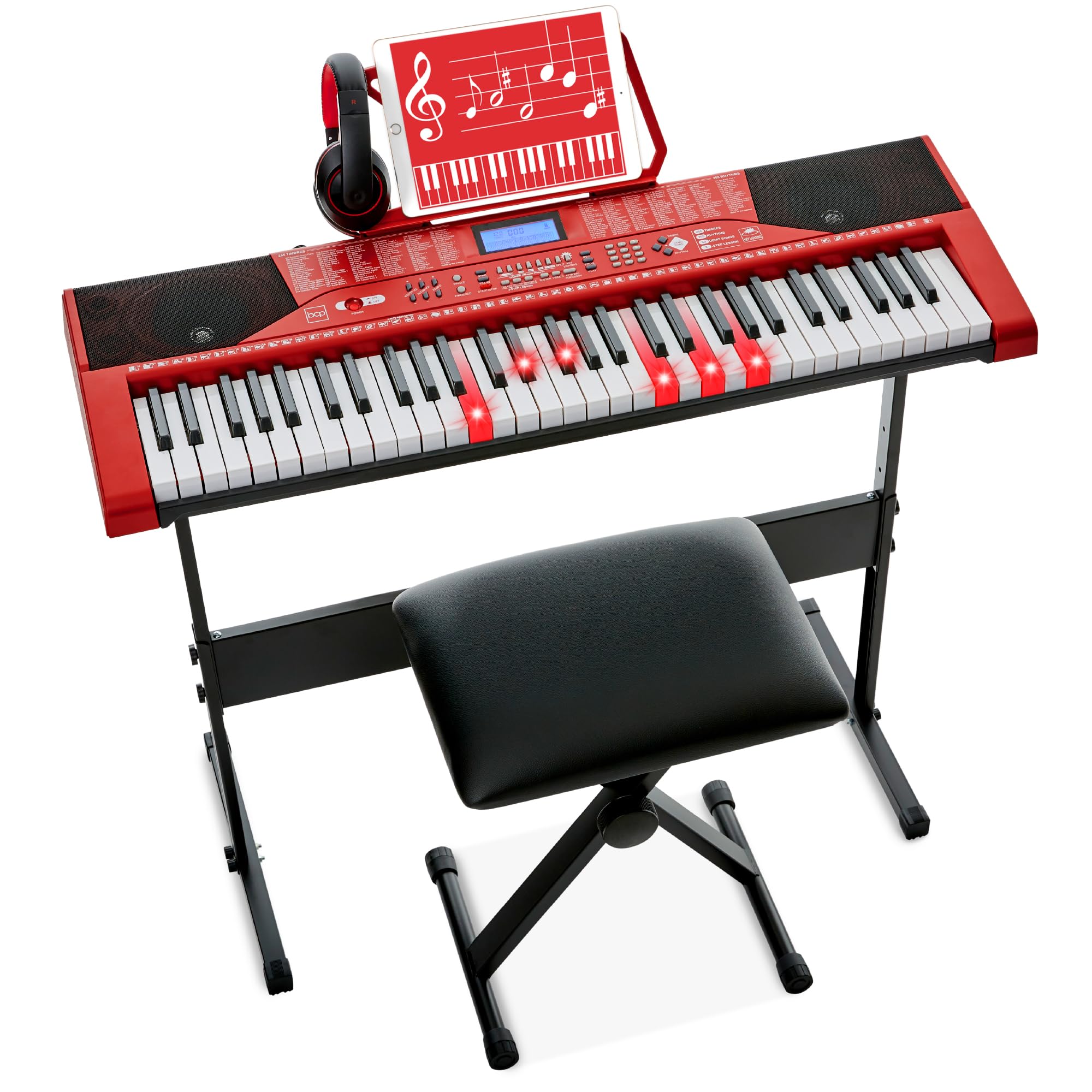 Best Choice Products 61-Key Beginners Complete Electronic Keyboard Piano Set w/Lighted Keys, LCD Screen, Headphones, Stand, Benc