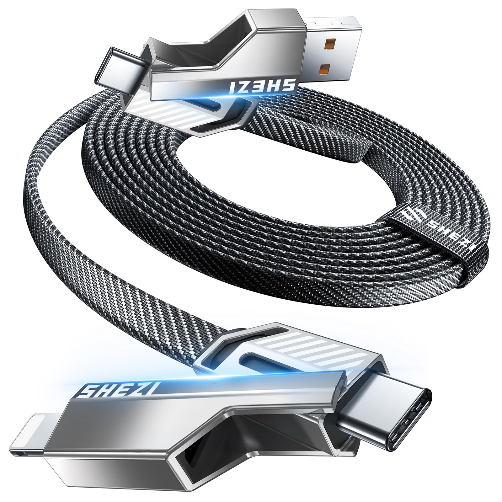 Vexipia 4 In 1 Usb C Cable 60W 10Ft Lightning Cable Fast Charging Flat Nylon Braided For Iphone Ipad Charger Cord [480Mbps Data 